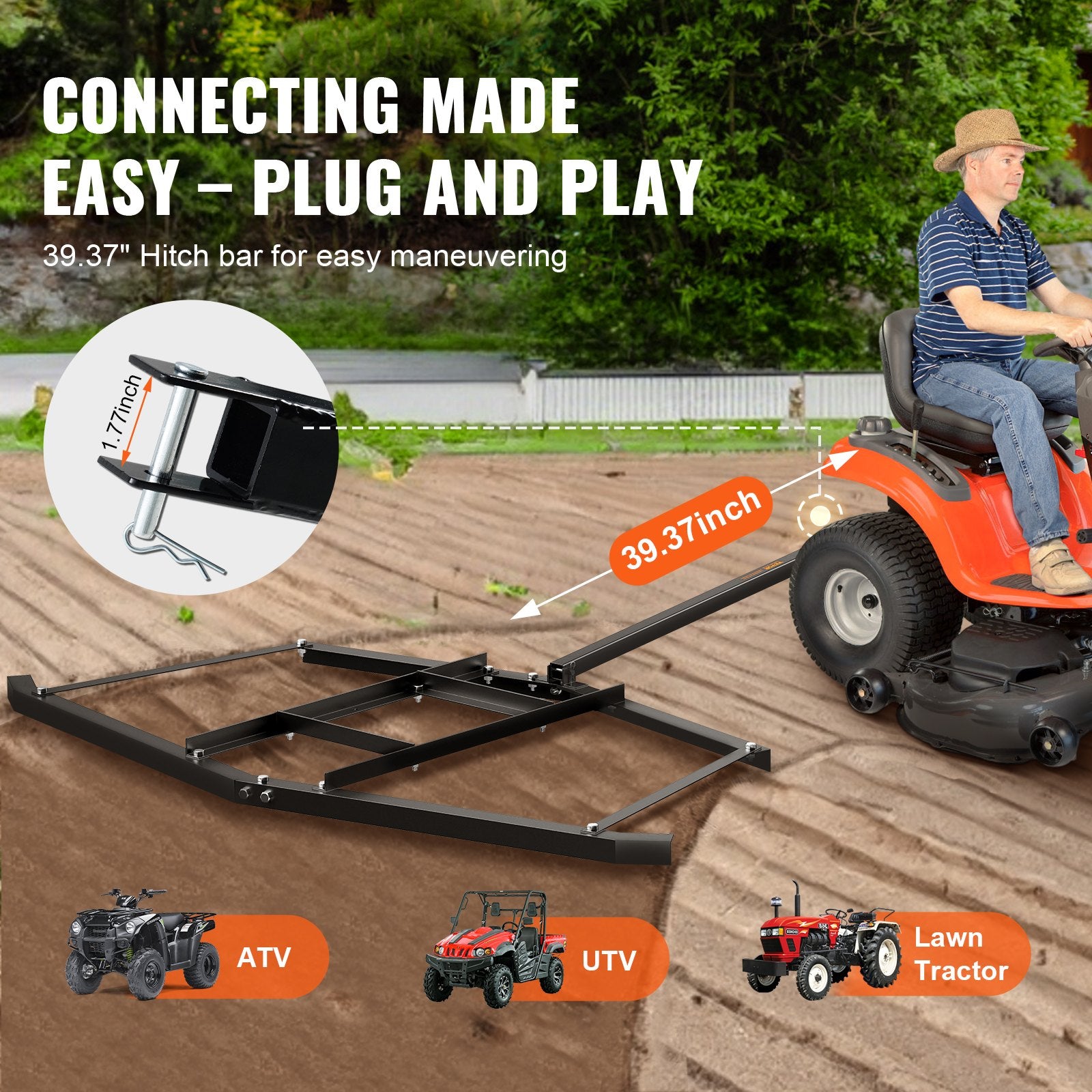 Driveway Drag, 76.57" Width Tow Behind Drag Harrow, Q235 Steel Driveway Grader with Adjustable Bars, Support up to 50 lbs, Driveway Tractor Harrow for ATVs, UTVs, Garden Lawn Tractors