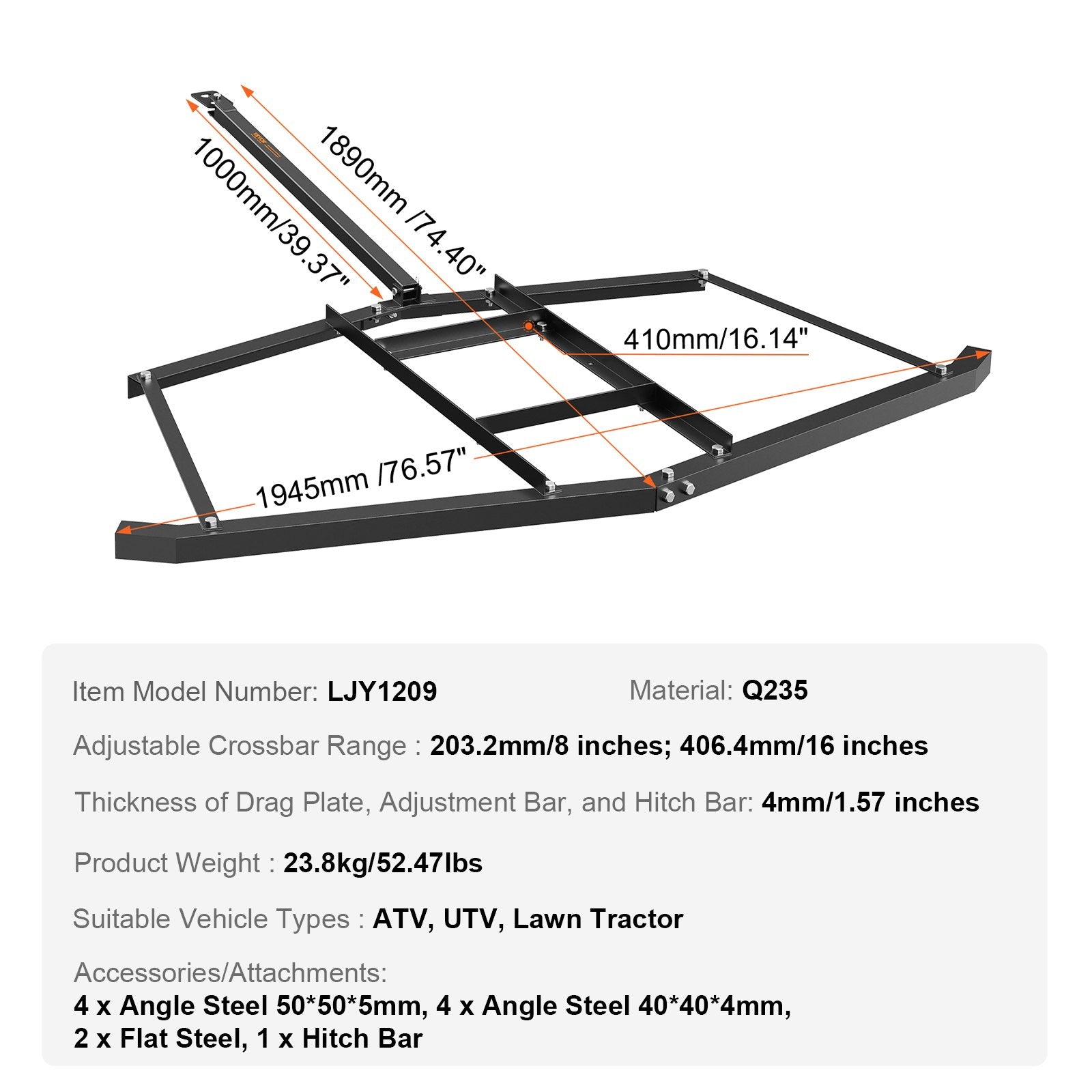 Driveway Drag, 76.57" Width Tow Behind Drag Harrow, Q235 Steel Driveway Grader with Adjustable Bars, Support up to 50 lbs, Driveway Tractor Harrow for ATVs, UTVs, Garden Lawn Tractors