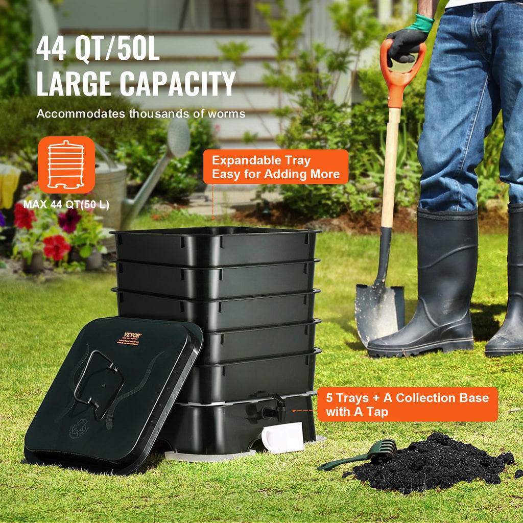 5-Tray Worm Composter, 50 L Worm Compost Bin Outdoor and Indoor, Sustainable Design Worm Farm Kit, for Recycling Food Waste, Worm Castings, Worm Tea, Vermiculture and Vermicomposting
