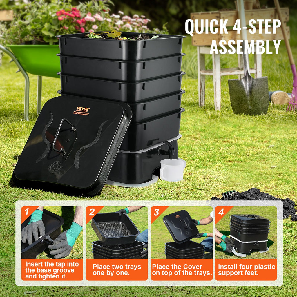5-Tray Worm Composter, 50 L Worm Compost Bin Outdoor and Indoor, Sustainable Design Worm Farm Kit, for Recycling Food Waste, Worm Castings, Worm Tea, Vermiculture and Vermicomposting