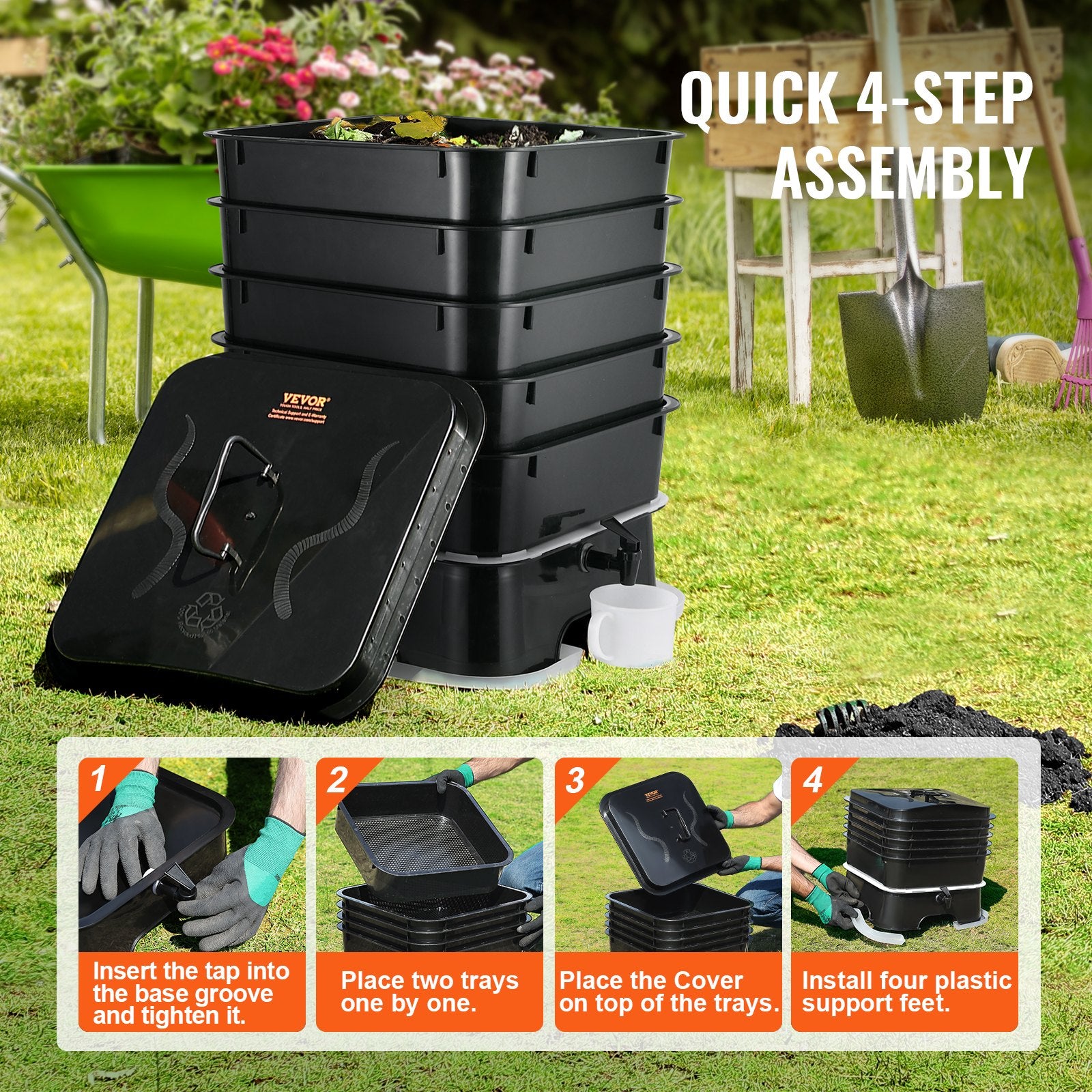 5-Tray Worm Composter, 50 L Worm Compost Bin Outdoor and Indoor, Sustainable Design Worm Farm Kit, for Recycling Food Waste, Worm Castings, Worm Tea, Vermiculture and Vermicomposting