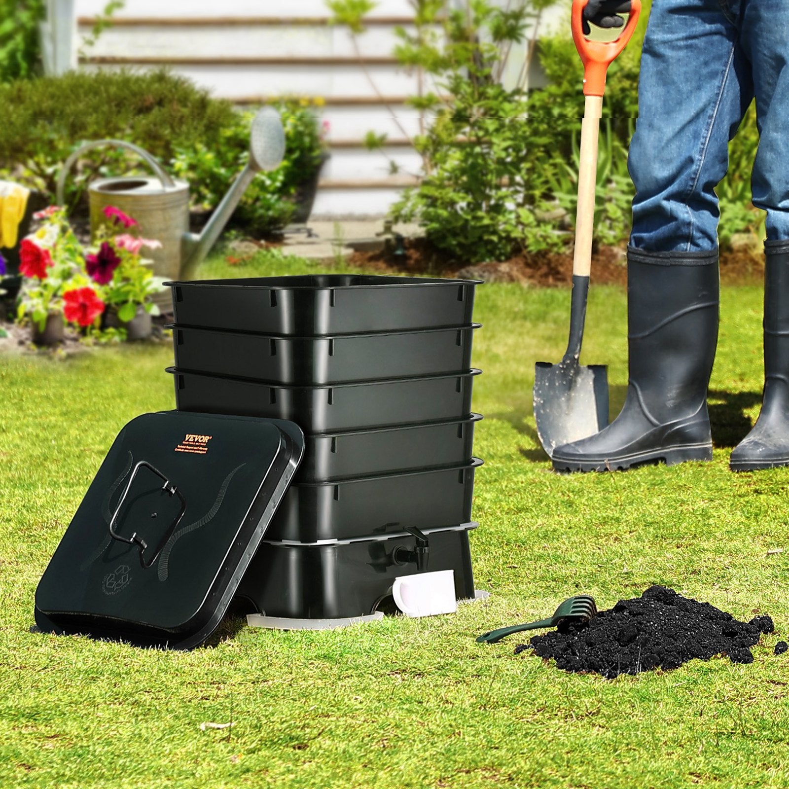 5-Tray Worm Composter, 50 L Worm Compost Bin Outdoor and Indoor, Sustainable Design Worm Farm Kit, for Recycling Food Waste, Worm Castings, Worm Tea, Vermiculture and Vermicomposting