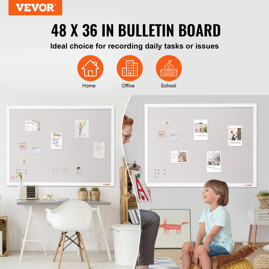 48"x36" White Cork Board with Linen Surface – Stylish Wall-Mounted Bulletin Board for Home, School, Office – Elegant & Functional Noticeboard