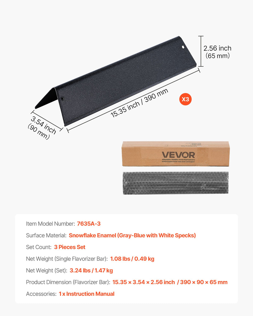 Flavorizer Bars, 39cm Grill Replacement Part, for Weber Spirit I & II 200 Series Grills, Including Spirit ll E-210, ll E-220, ll S-210, E-210, S-210, Porcelain-enameled Steel Heat Plate, 3 Pack