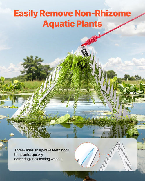 24in Aquatic Weed Rake, 3-Sided Lake Weed Rake with Handle, Portable and Foldable Pond Water Grass Razor, Stainless Steel Throwable Floating Pond Weeds Cutter with 30 ft Rope, for Lakes Ponds