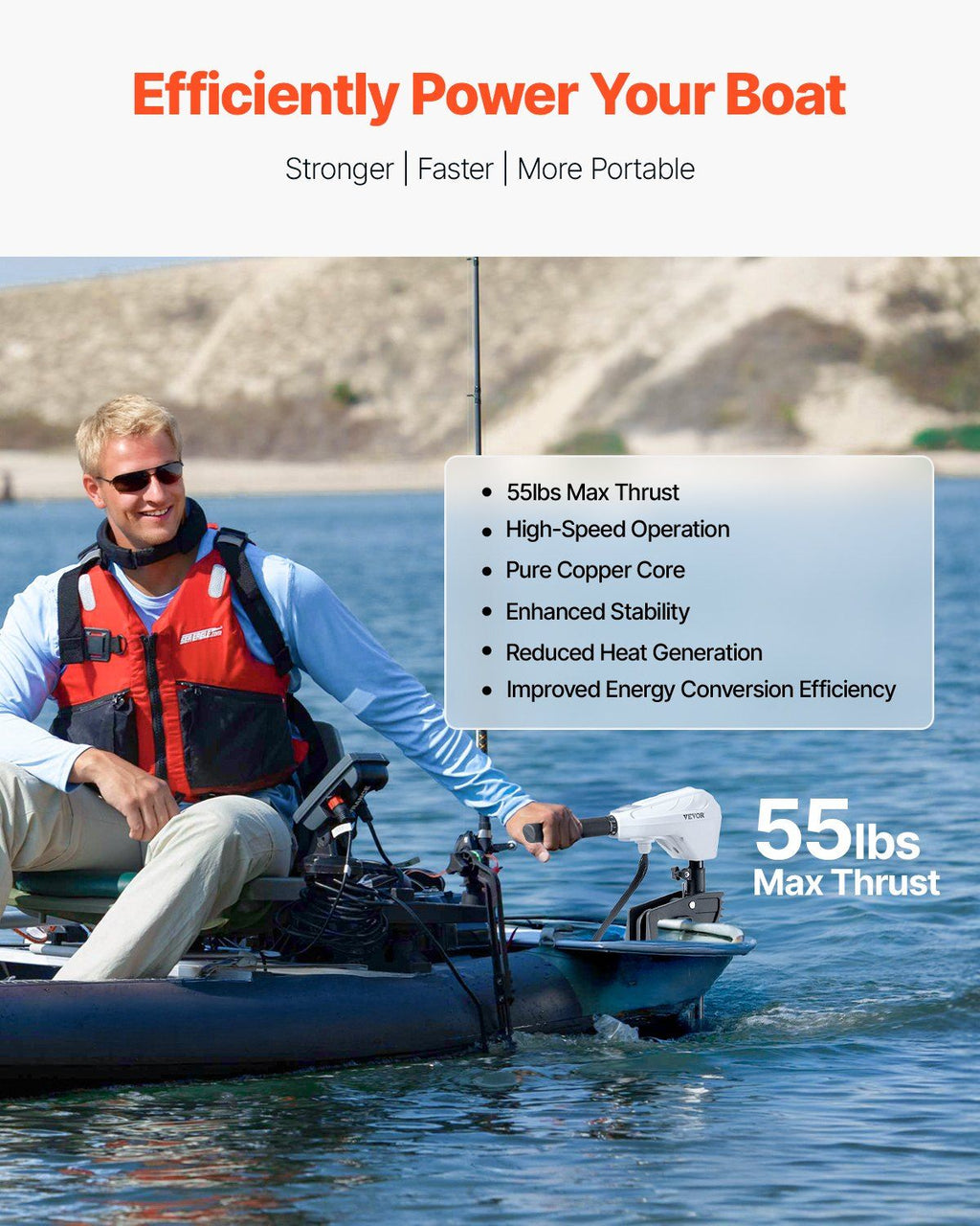 Electric Trolling Motor, Transom Mounted Outboard Boat Motors 12V 55lbs Thrust, 8-Speed Electric Boat Engine w/ Battery Indicator, for Kayaks, Fishing Boats on Freshwater/Saltwater, 30-In Shaft