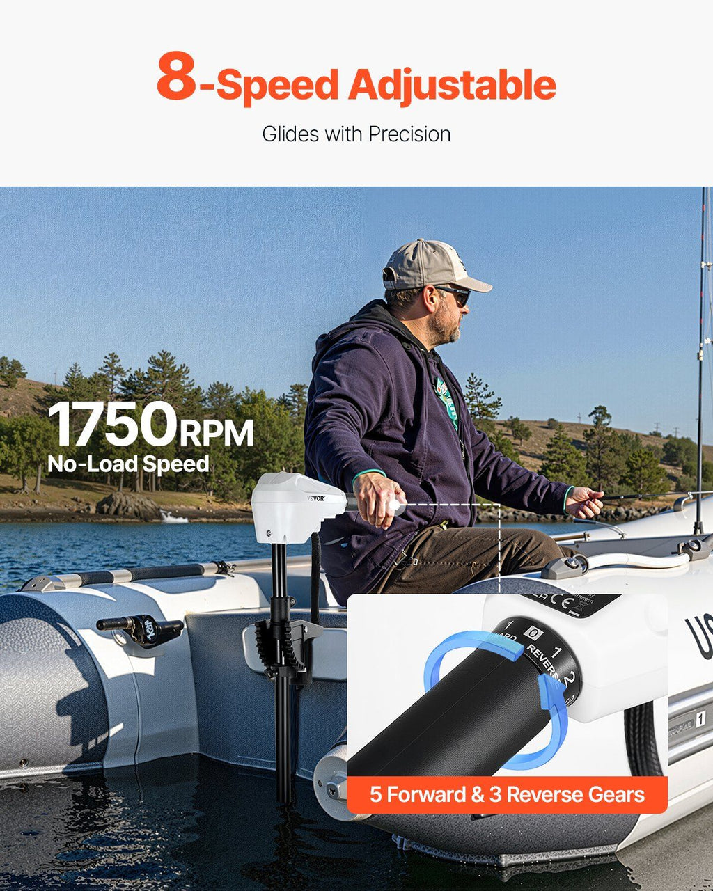 Electric Trolling Motor, Transom Mounted Outboard Boat Motors 12V 55lbs Thrust, 8-Speed Electric Boat Engine w/ Battery Indicator, for Kayaks, Fishing Boats on Freshwater/Saltwater, 30-In Shaft