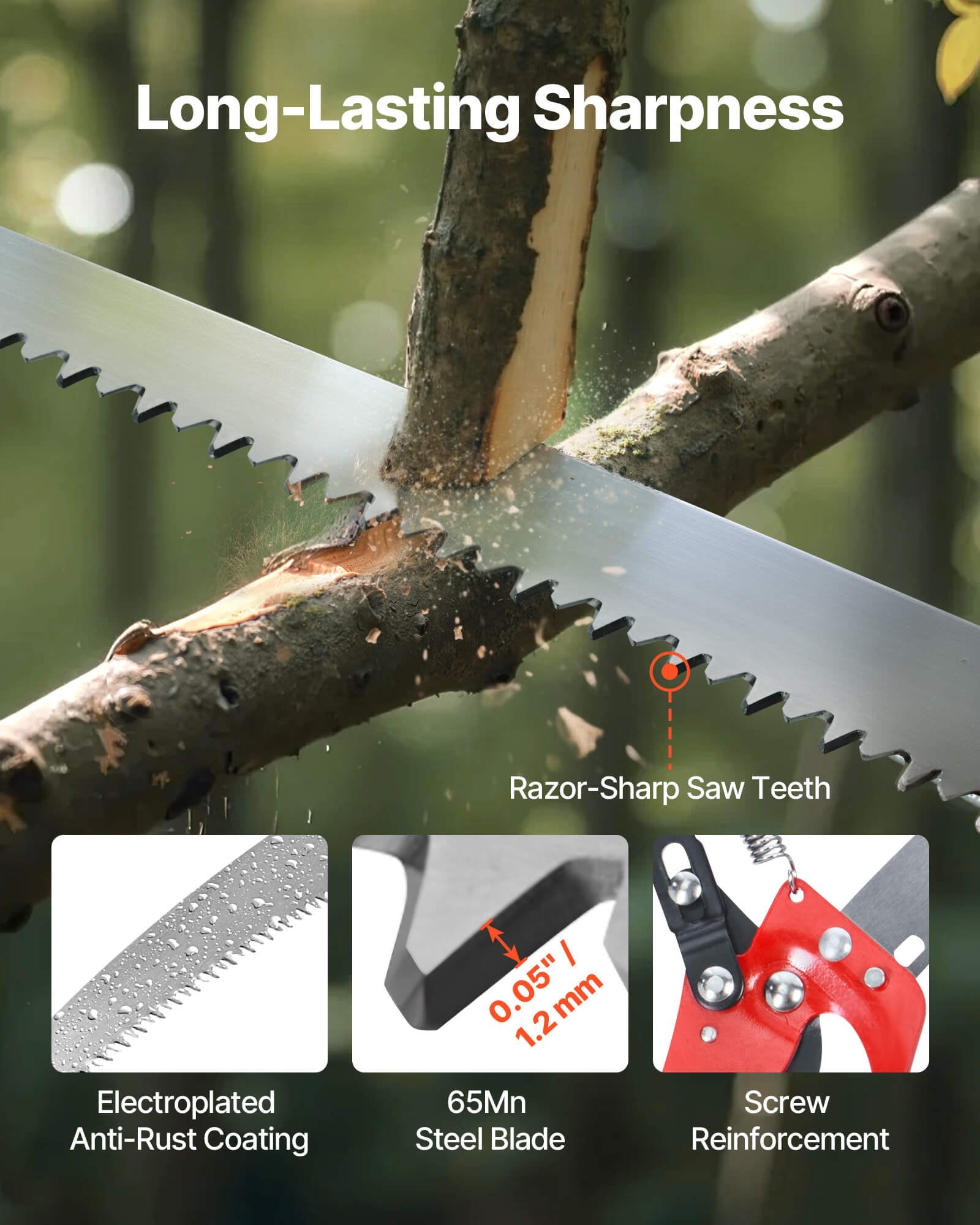 Manual Pole Saw, 118-809.3 cm Extendable Pole Tree Pruner with Scissors, Sharp 65Mn Steel Blade, Lightweight Fiberglass Handle Pole, for High Branch Trimming, Pruning Tool for Palms and Shrubs