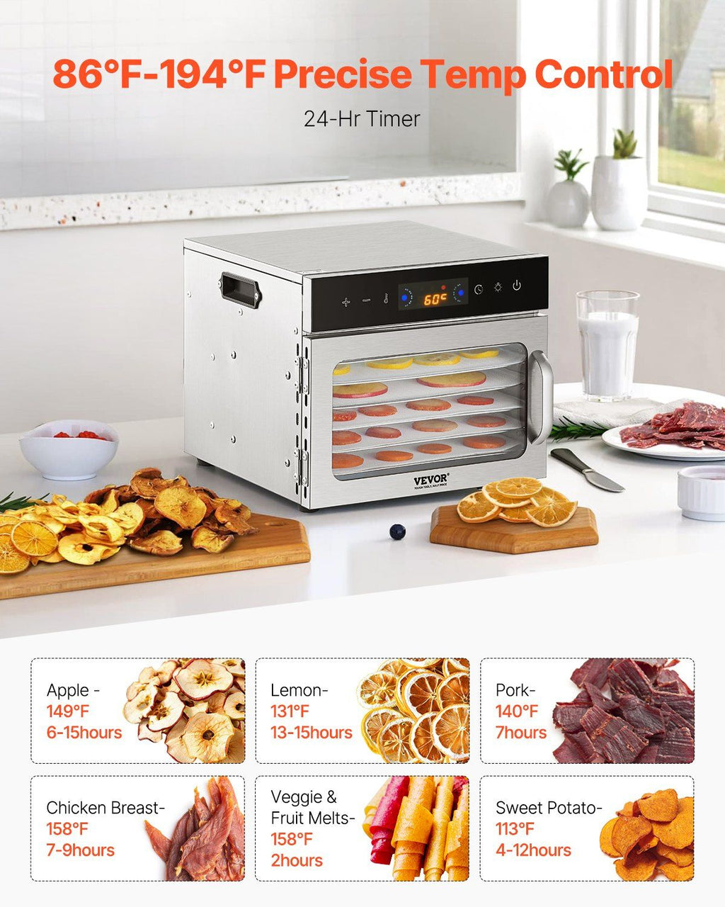 400W Food Dehydrator with 6 Stainless Steel Trays