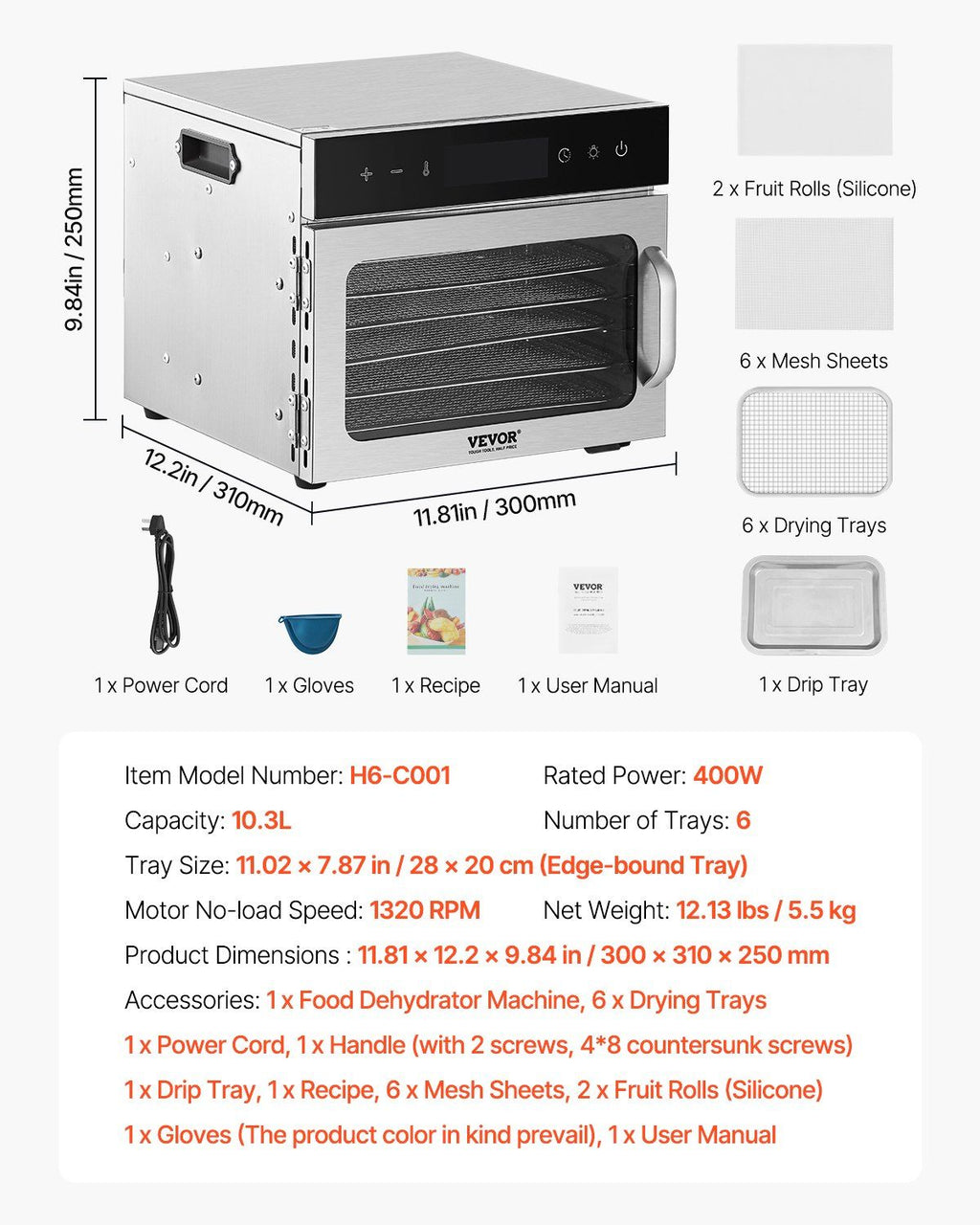 400W Food Dehydrator with 6 Stainless Steel Trays