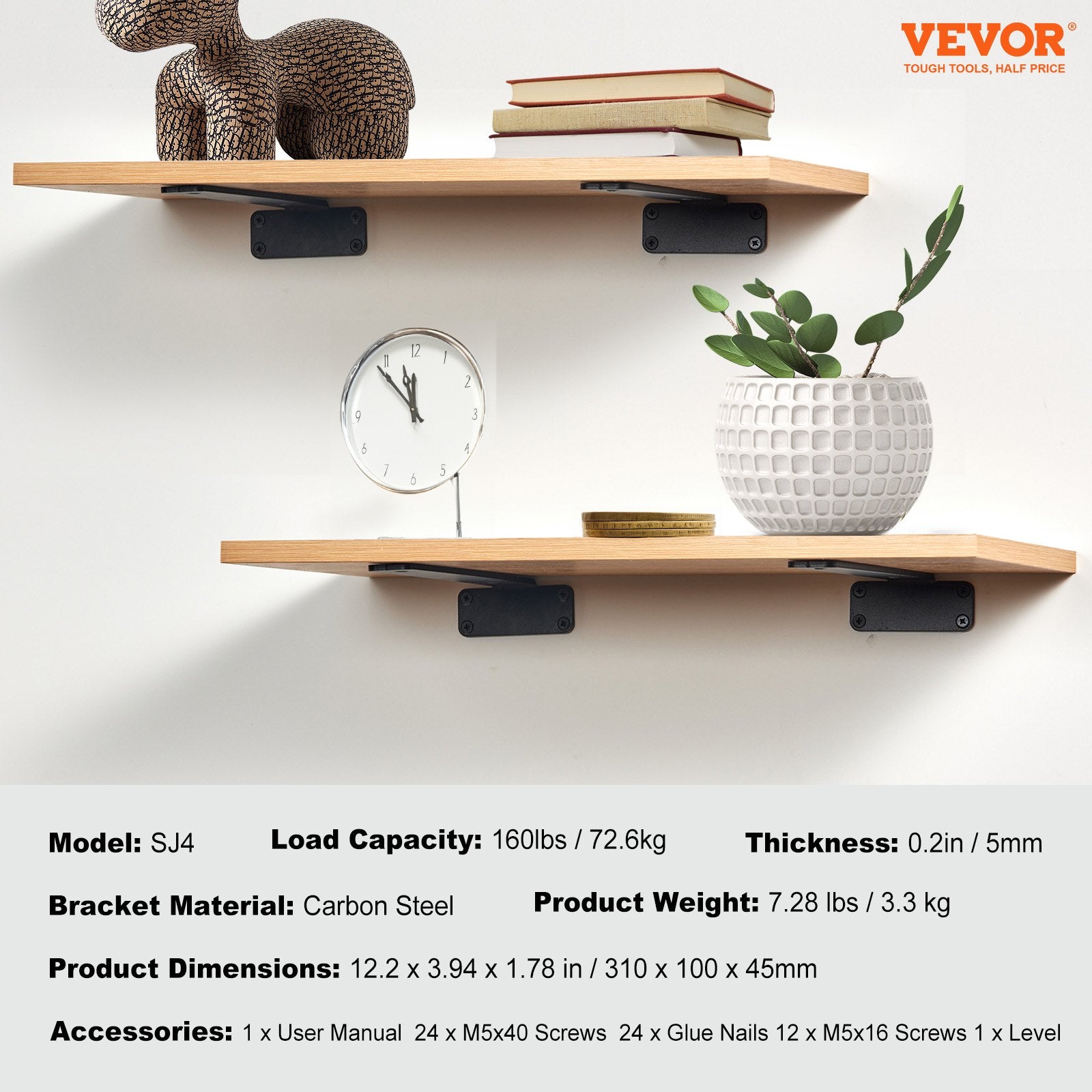Shelf Bracket, 31cmL x 10cmW x 4.5cmH 6 Pcs, Heavy Duty Floating Shelf Brackets, Brackets for Shelves, 5mm Thick Matte Black L Shelf Bracket,Steel Shelving Brackets with 72.6 kg Load Capacity