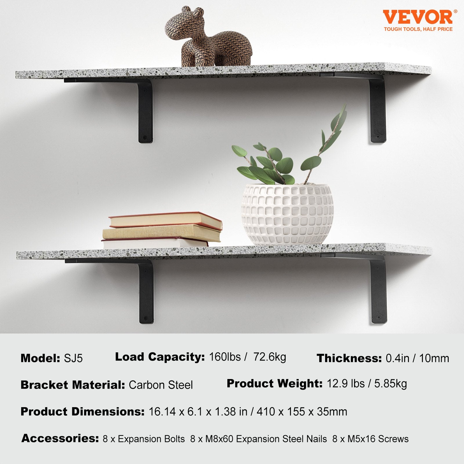 Shelf Bracket, 41 x 15.5 cm 4 Pcs, Heavy Duty Floating Shelf Brackets, Brackets for Shelves, 10mm Thick Matte Black L Shelf Bracket,Steel Shelving Brackets with 72.6 kg Load Capacity