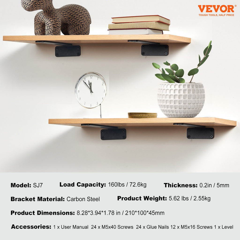 Shelf Bracket, 21cmL x 10cmW x 4.5cmH 6 Pcs, Heavy Duty Floating Shelf Brackets, Brackets for Shelves, 5mm Thick Matte Black L Shelf Bracket,Steel Shelving Brackets with 72.6 kg Load Capacity