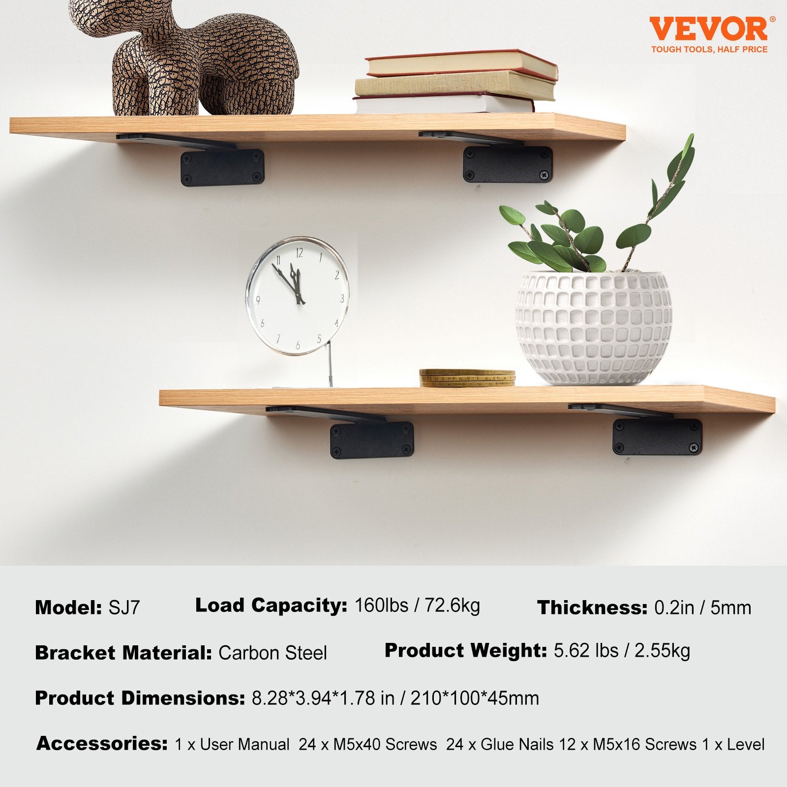 Shelf Bracket, 21cmL x 10cmW x 4.5cmH 6 Pcs, Heavy Duty Floating Shelf Brackets, Brackets for Shelves, 5mm Thick Matte Black L Shelf Bracket,Steel Shelving Brackets with 72.6 kg Load Capacity