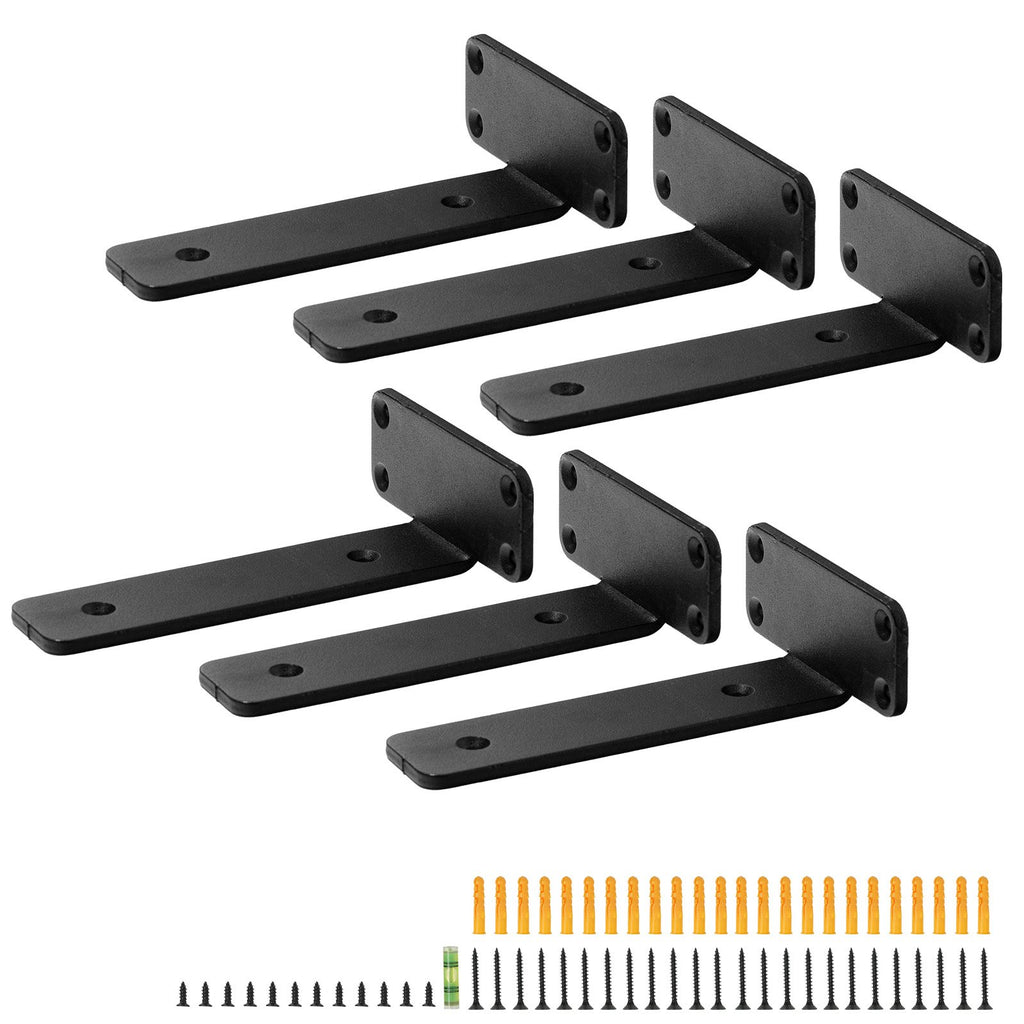 Shelf Bracket, 21cmL x 10cmW x 4.5cmH 6 Pcs, Heavy Duty Floating Shelf Brackets, Brackets for Shelves, 5mm Thick Matte Black L Shelf Bracket,Steel Shelving Brackets with 72.6 kg Load Capacity
