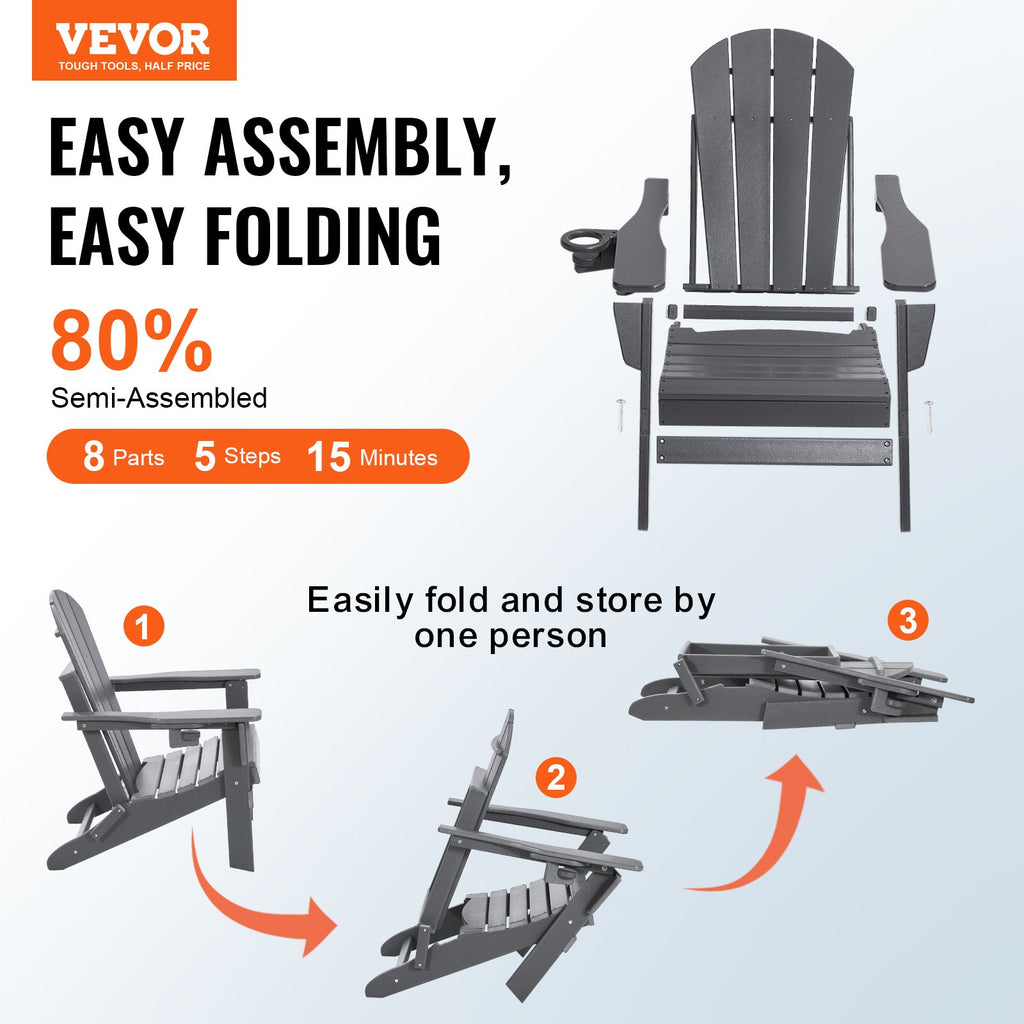 Adirondack Chair Plastic, Set of 2 All-Weather Portable Folding Fire Pit Chair, Outdoor Adirondack Patio Chair with Cup Holder, with Relaxing Arm Rest Ergonomic, for Garden, Backyard - Gray
