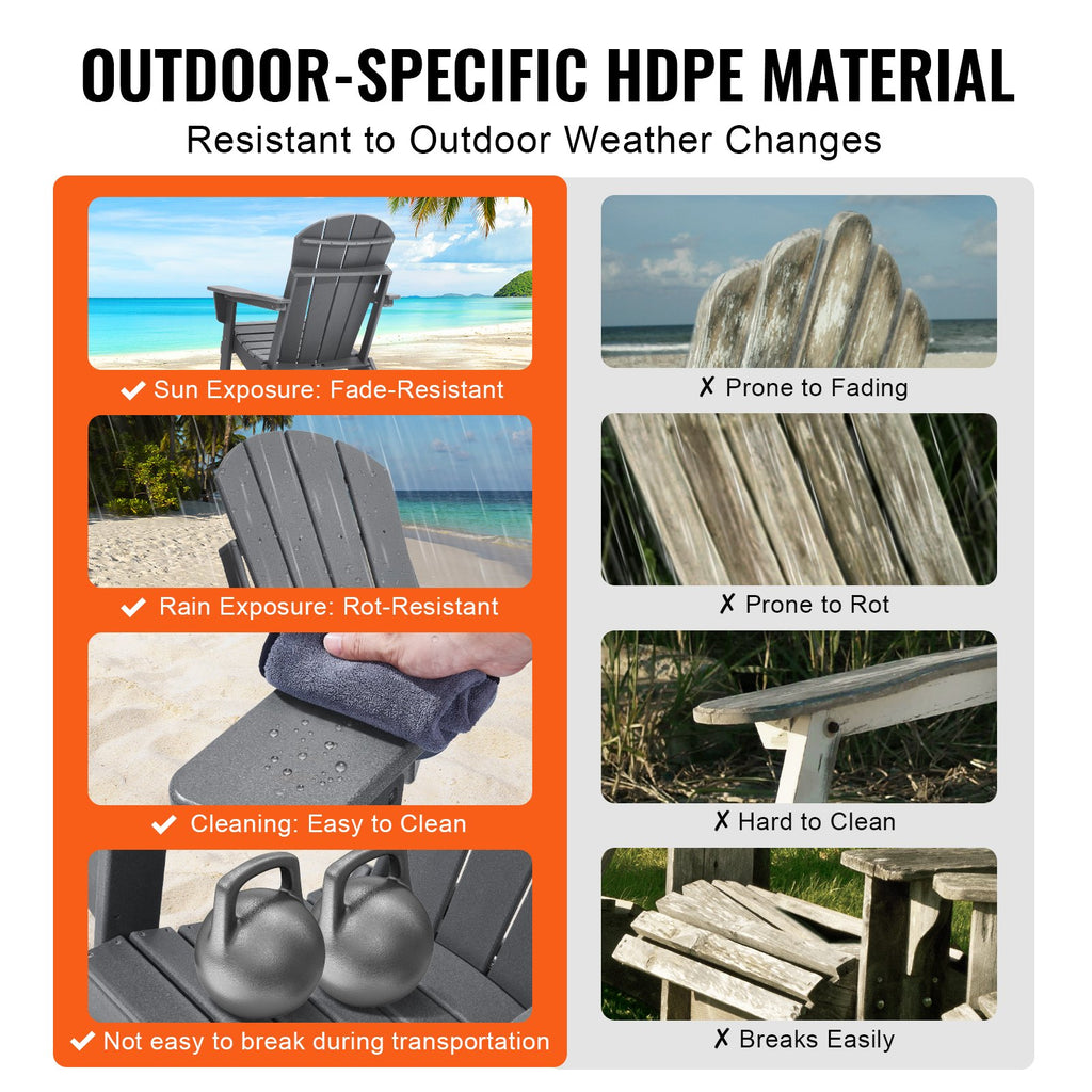 Adirondack Chair Plastic, Set of 2 All-Weather Portable Folding Fire Pit Chair, Outdoor Adirondack Patio Chair with Cup Holder, with Relaxing Arm Rest Ergonomic, for Garden, Backyard - Gray