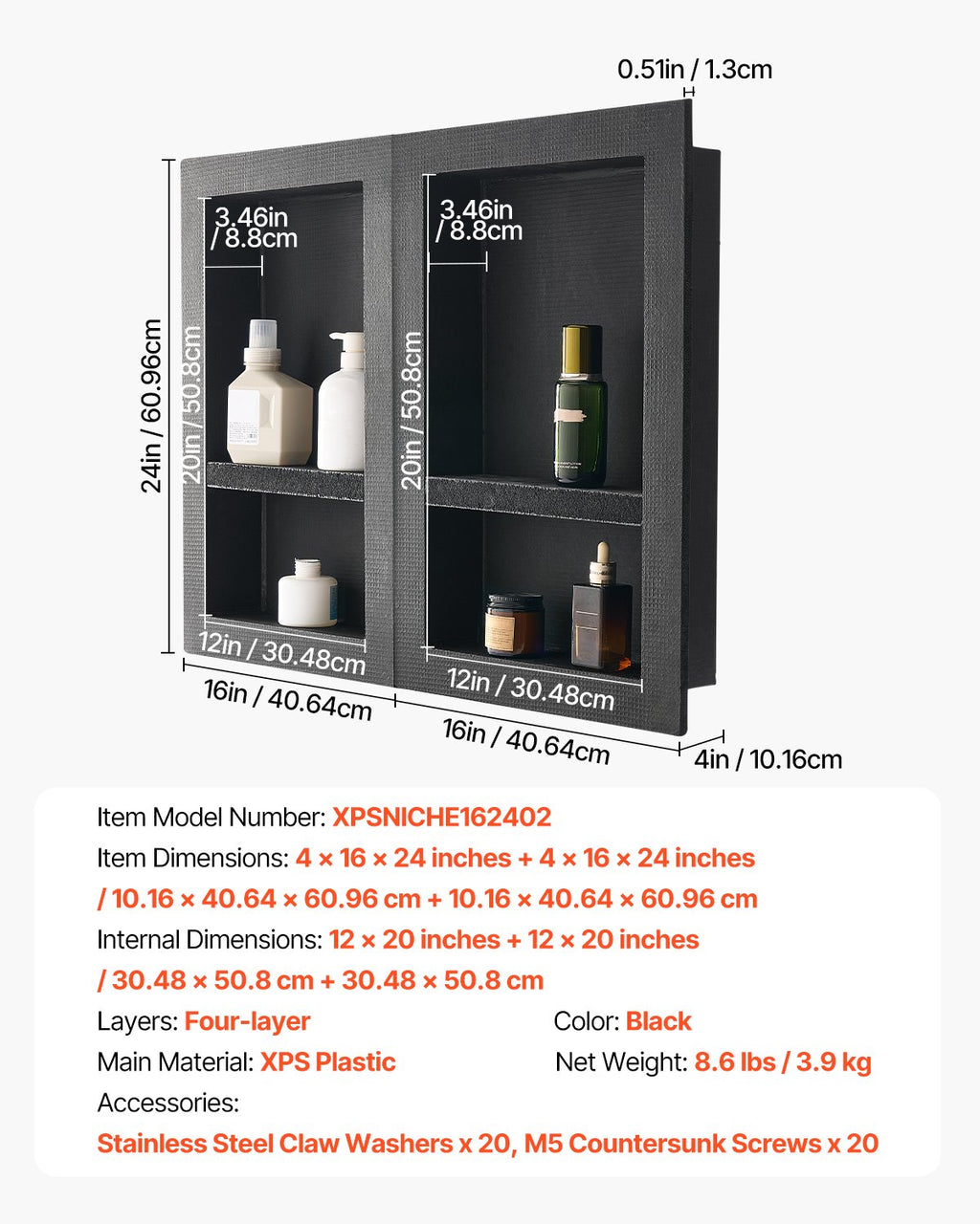 Shower Niche 40.6 x 61+40.6 x 61 cm Recessed Wall Organizer Bathroom