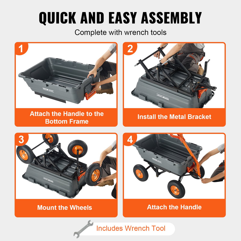 Dump Cart, Poly Garden Dump Cart with Easy to Assemble Steel Frame, Dump Wagon with 2-in-1 Convertible Handle, Utility Wheelbarrow 1500 lbs Capacity, 13 inch Tires
