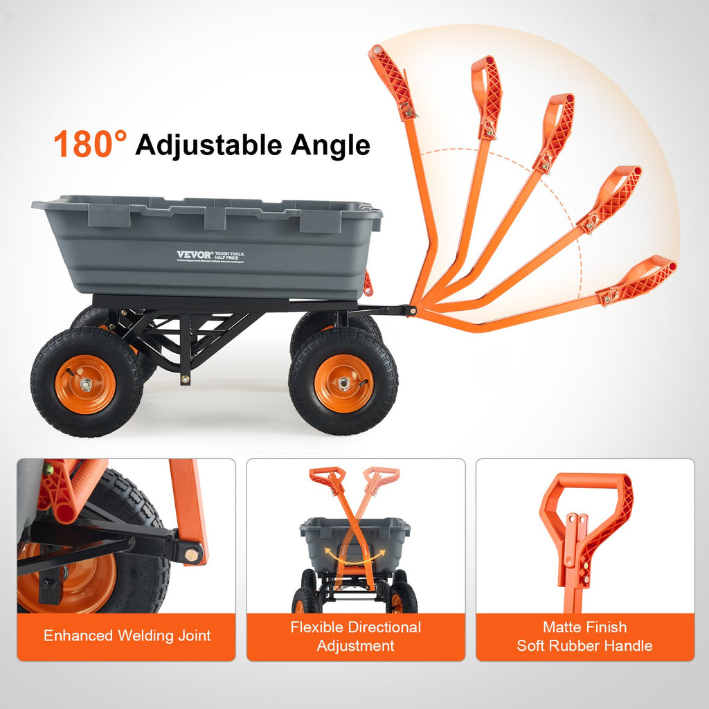 Dump Cart, Poly Garden Dump Cart with Easy to Assemble Steel Frame, Dump Wagon with 2-in-1 Convertible Handle, Utility Wheelbarrow 1500 lbs Capacity, 13 inch Tires