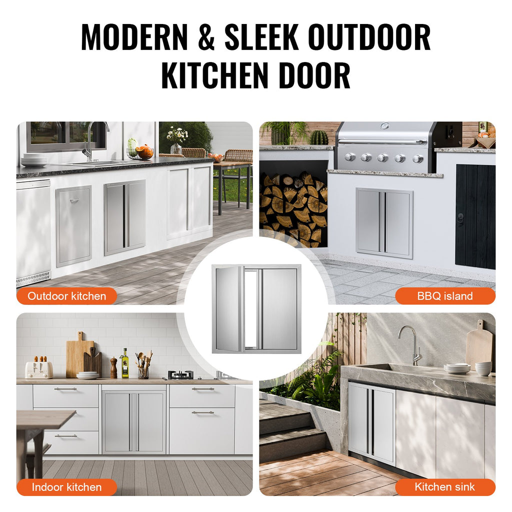 BBQ Access Door, 610x610 mm Double Outdoor Kitchen Door, Stainless Steel Flush Mount Door, Wall Vertical Door with Recessed Handles , for BBQ Island, Grilling Station, Outside Cabinet