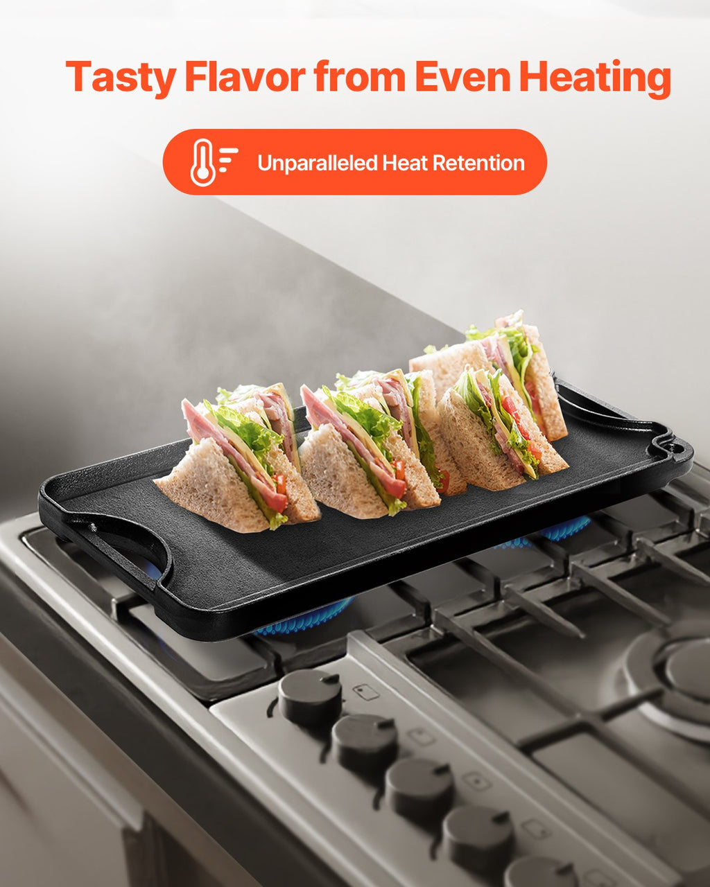 Reversible Grill/Griddle, 20x10 inch Pre-Seasoned Cast Iron Griddle, Portable Rectangular Pan with Handle, Family Cookware for Indoor/Outdoor Stove Top Burner, Gas, Camping BBQ, Black