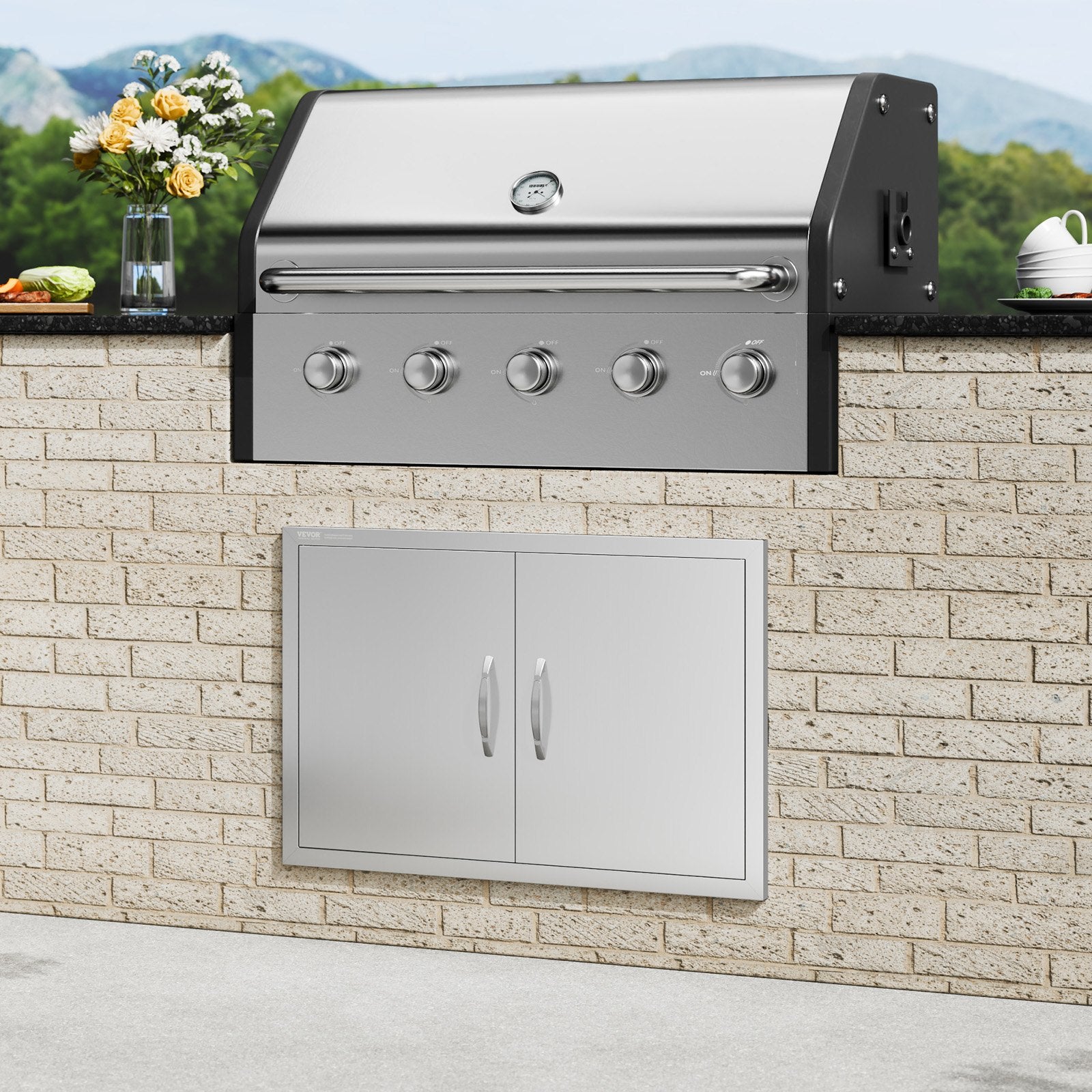 BBQ Access Door, 838x558 mm Double Outdoor Kitchen Door, Stainless Steel Flush Mount Door, Wall Vertical Door with Handles, for BBQ Island, Grilling Station, Outside Cabinet