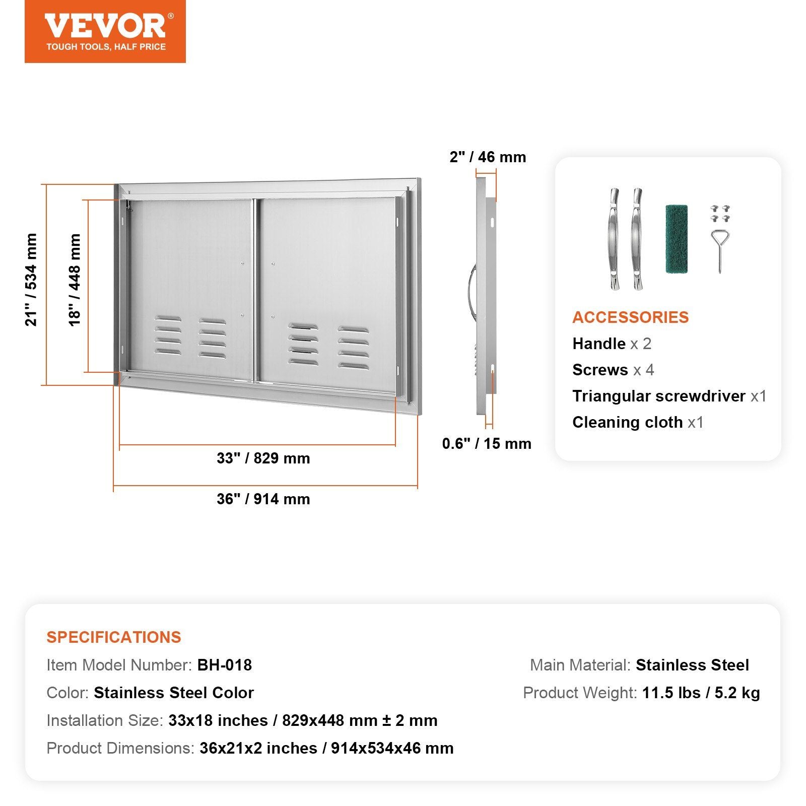 BBQ Access Door, 914x534 mm Double Outdoor Kitchen Door, Stainless Steel Flush Mount Door, Wall Vertical Door with Handles and Vents, for BBQ Island, Grilling Station, Outside Cabinet