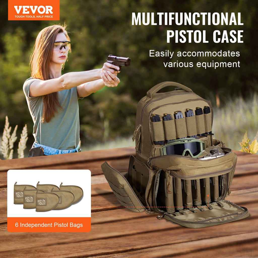 Tactical Range Backpack for 6 Pistols, Gun Backpack with 6 Independent Pistol Bags & 10 Magazines, Pistol Backpack for Outdoor Hunting Shooting, Range Bag for Handguns Lockable Zipper, Brown