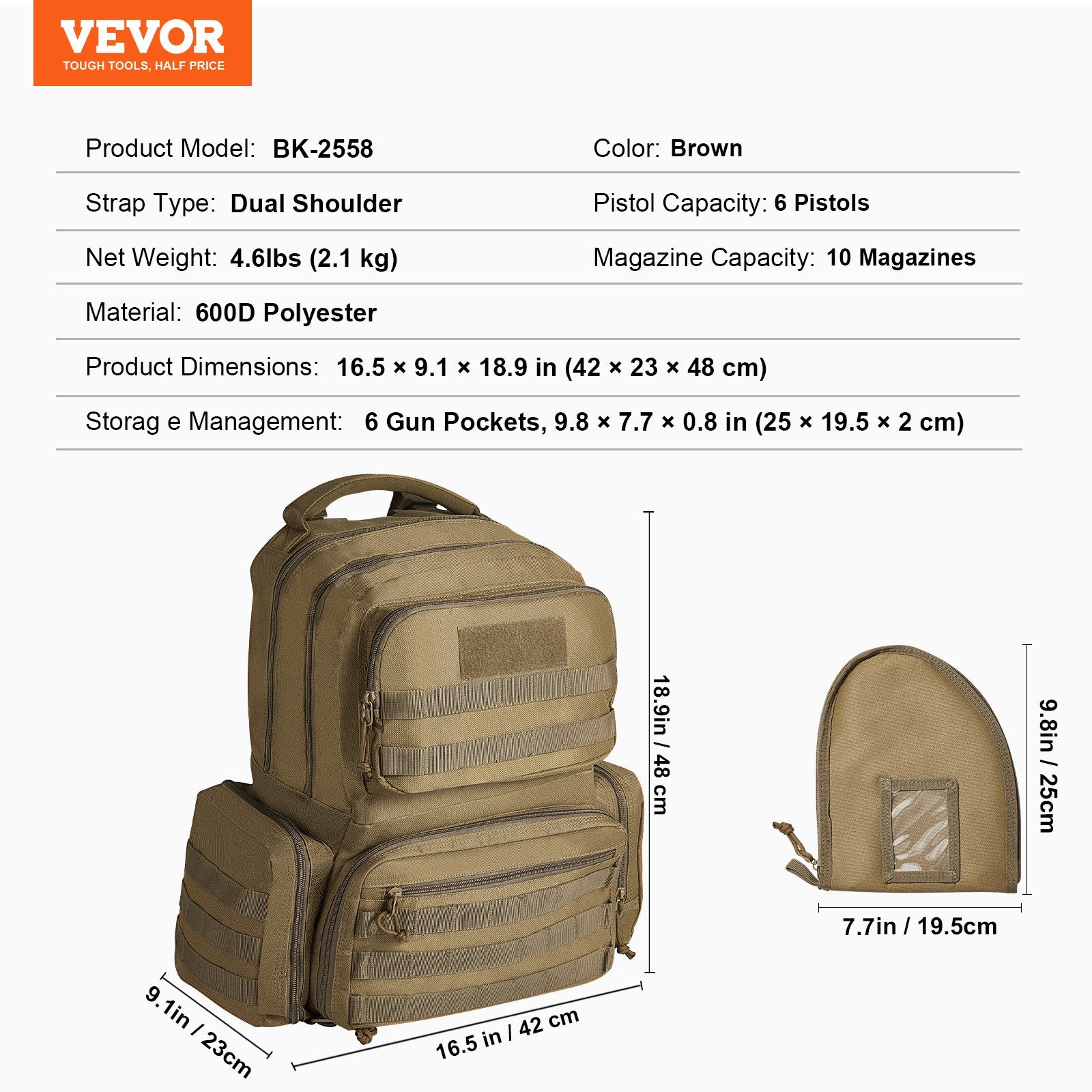 Tactical Range Backpack for 6 Pistols, Gun Backpack with 6 Independent Pistol Bags & 10 Magazines, Pistol Backpack for Outdoor Hunting Shooting, Range Bag for Handguns Lockable Zipper, Brown