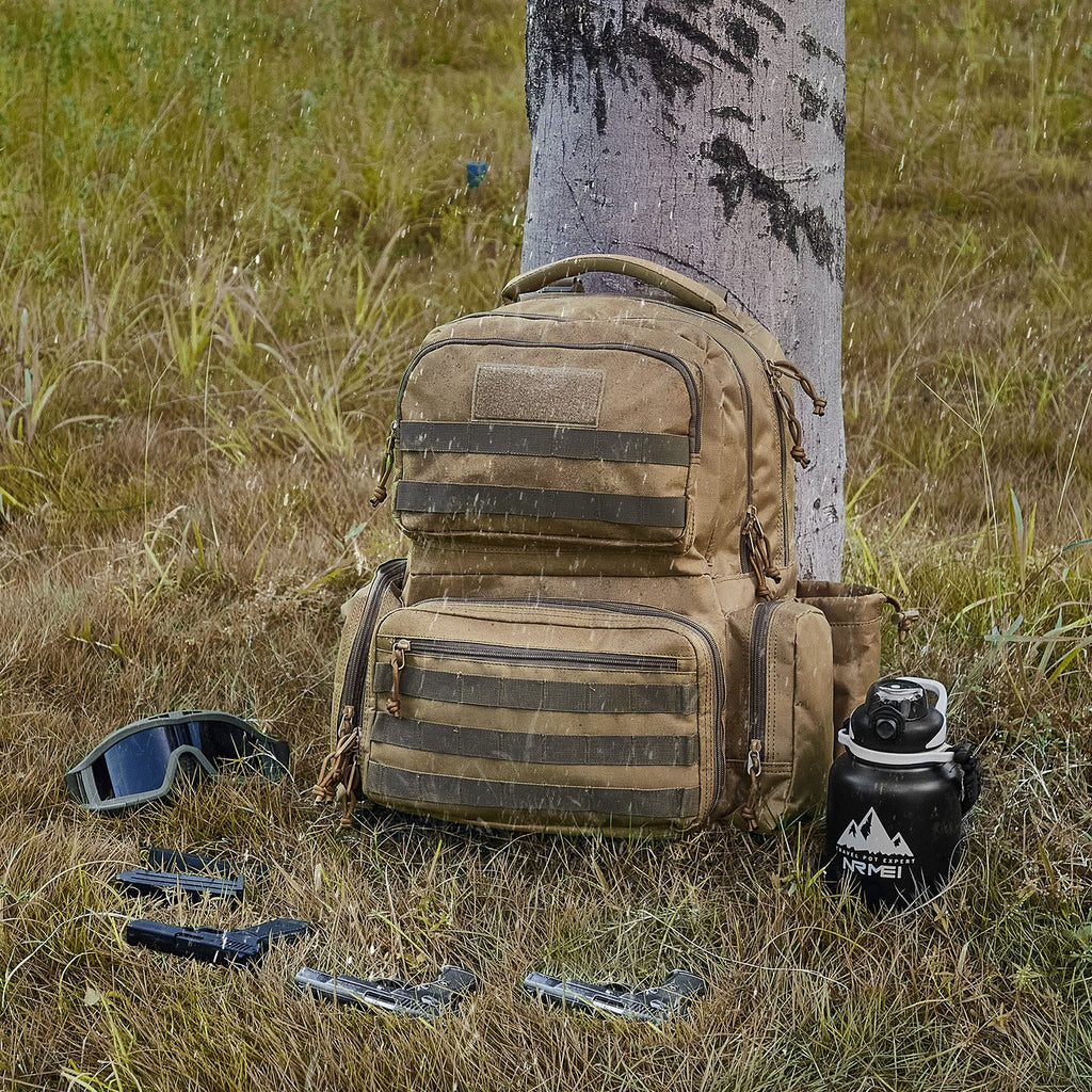 Tactical Range Backpack for 6 Pistols, Gun Backpack with 6 Independent Pistol Bags & 10 Magazines, Pistol Backpack for Outdoor Hunting Shooting, Range Bag for Handguns Lockable Zipper, Brown