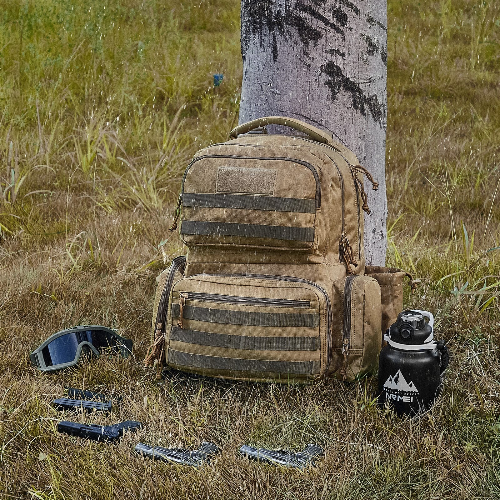 Tactical Range Backpack for 6 Pistols, Gun Backpack with 6 Independent Pistol Bags & 10 Magazines, Pistol Backpack for Outdoor Hunting Shooting, Range Bag for Handguns Lockable Zipper, Brown
