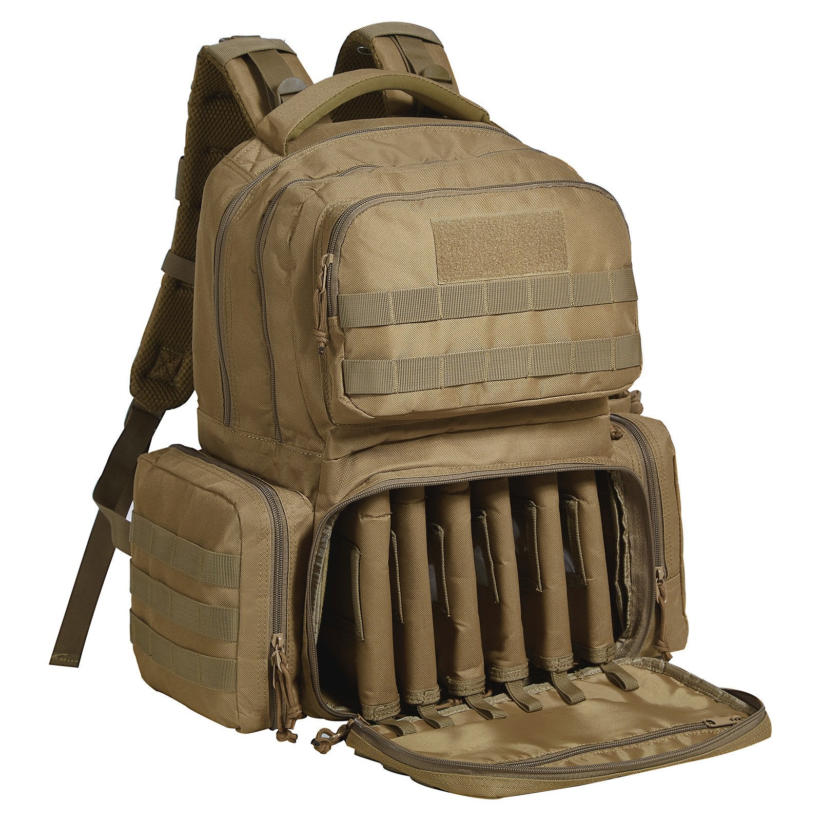 Tactical Range Backpack for 6 Pistols, Gun Backpack with 6 Independent Pistol Bags & 10 Magazines, Pistol Backpack for Outdoor Hunting Shooting, Range Bag for Handguns Lockable Zipper, Brown