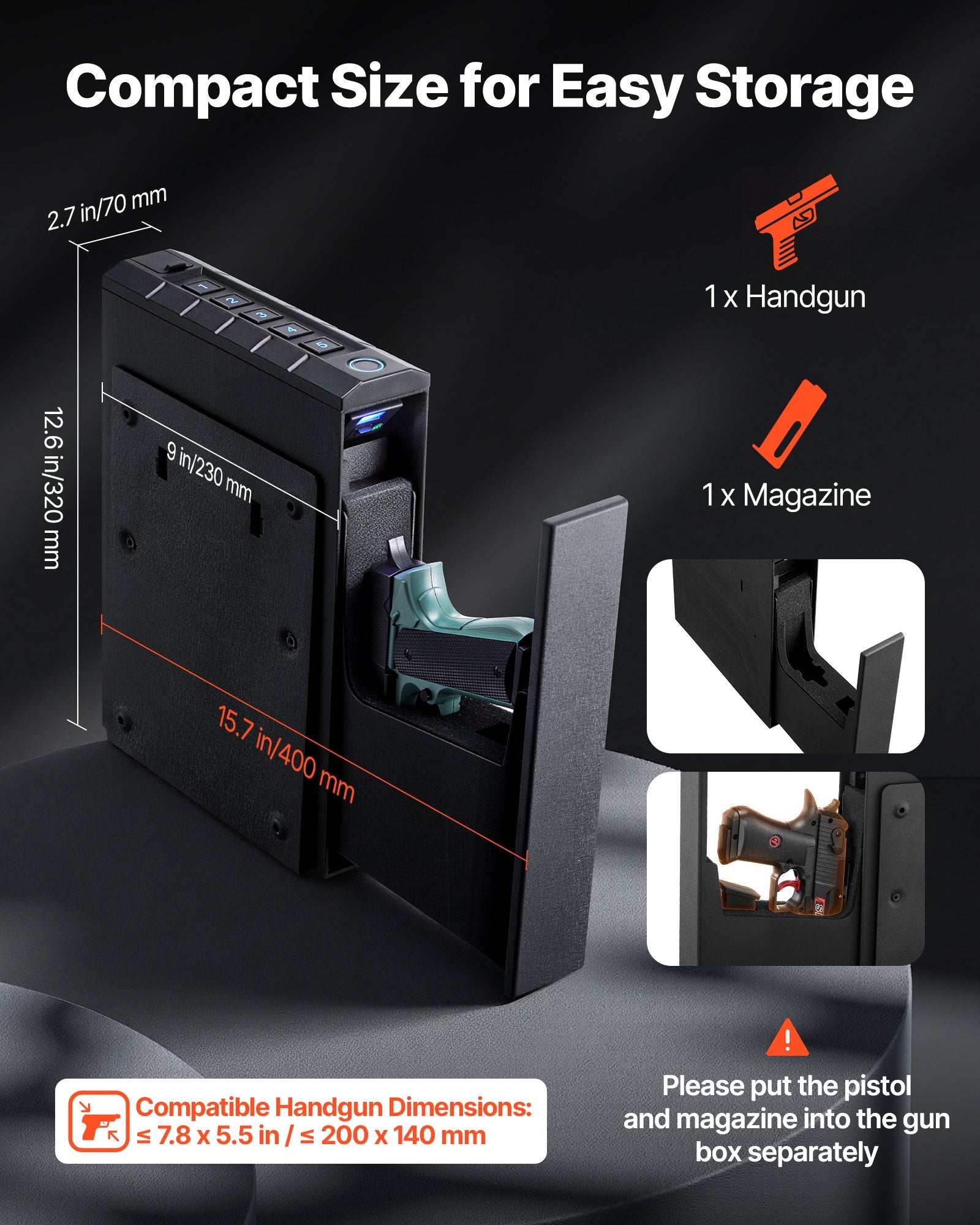 Gun Safe, Slider Handgun Gun Safe with Fingerprint/Password/Key, 3-Way Quick Access Firearm Case Box with Lighting for 1 Pistol & Magazine, Mounted Pistol Gun Box for Nightstand Bedside Desk Car