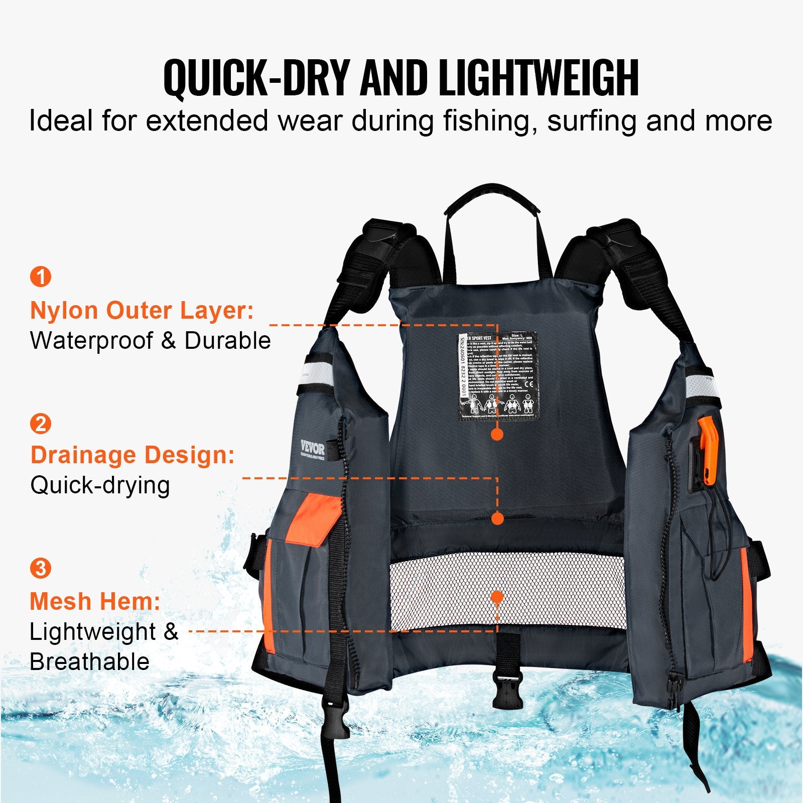 Life Vest for Watersports (PFD), Life Jacket with Waterproof Nylon & 96N Buoyancy, Life Vest/Jacket for Any Water Activity-Fishing, Kayaking, Surfing and More, Men and Women L