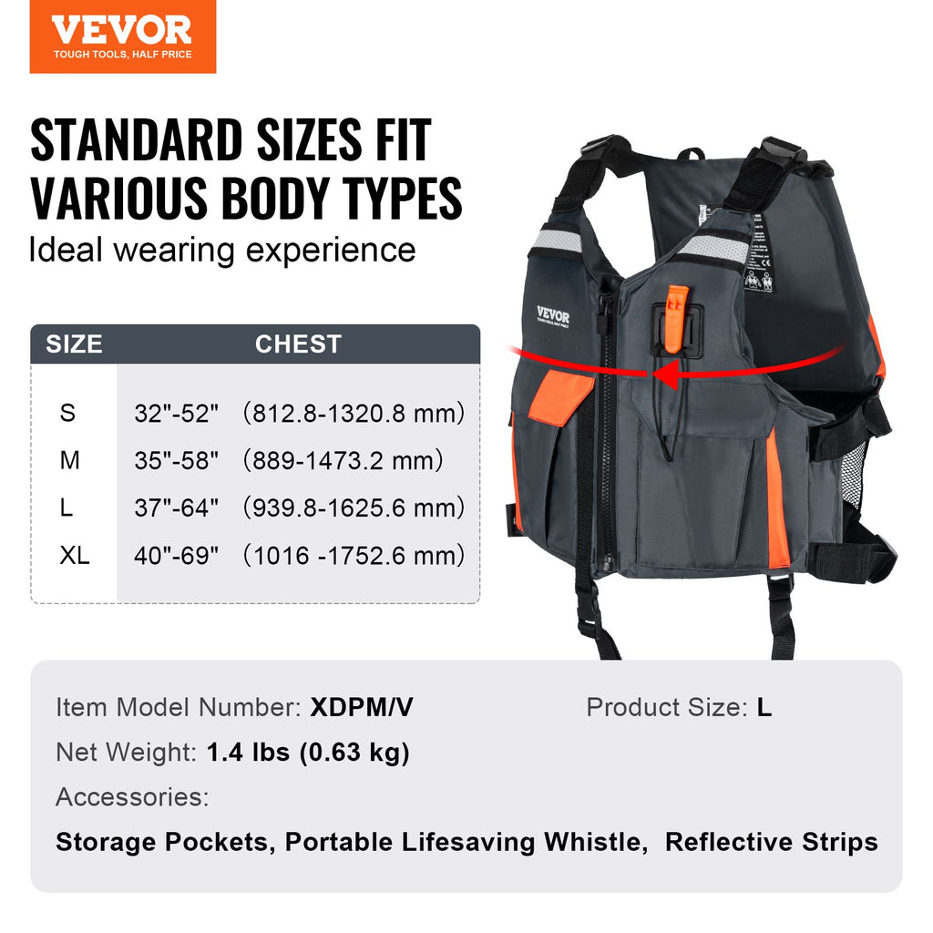 Life Vest for Watersports (PFD), Life Jacket with Waterproof Nylon & 96N Buoyancy, Life Vest/Jacket for Any Water Activity-Fishing, Kayaking, Surfing and More, Men and Women L