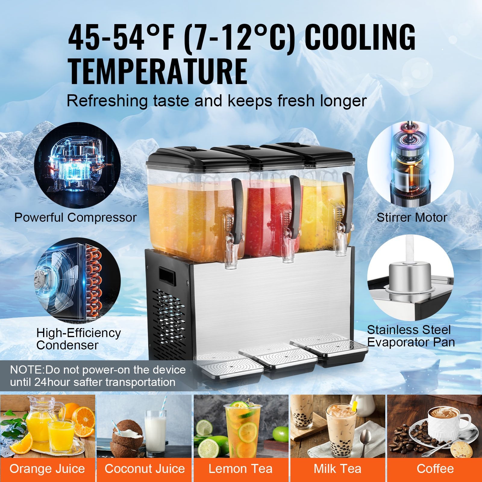 Commercial Beverage Dispenser, 3 Tanks 12 L Per Tank Juice Dispenser, 370W Stainless Steel Ice Tea Drink Machine with 7℃-12℃ Cooling Temperature, for Cold Drink Restaurant Bar Party