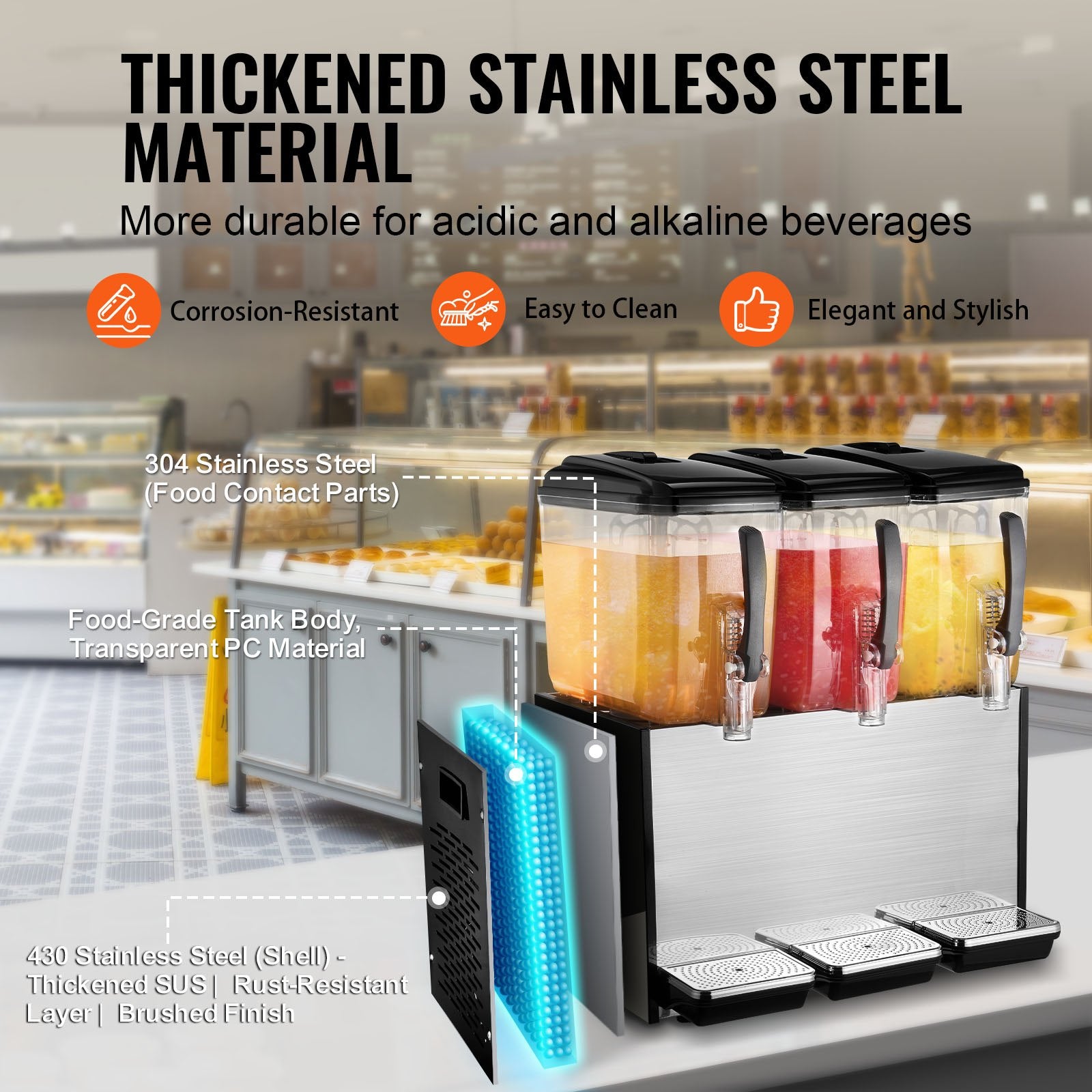 Commercial Beverage Dispenser, 3 Tanks 12 L Per Tank Juice Dispenser, 370W Stainless Steel Ice Tea Drink Machine with 7℃-12℃ Cooling Temperature, for Cold Drink Restaurant Bar Party