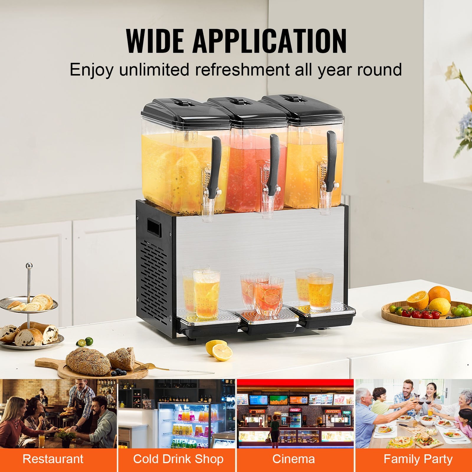 Commercial Beverage Dispenser, 3 Tanks 12 L Per Tank Juice Dispenser, 370W Stainless Steel Ice Tea Drink Machine with 7℃-12℃ Cooling Temperature, for Cold Drink Restaurant Bar Party