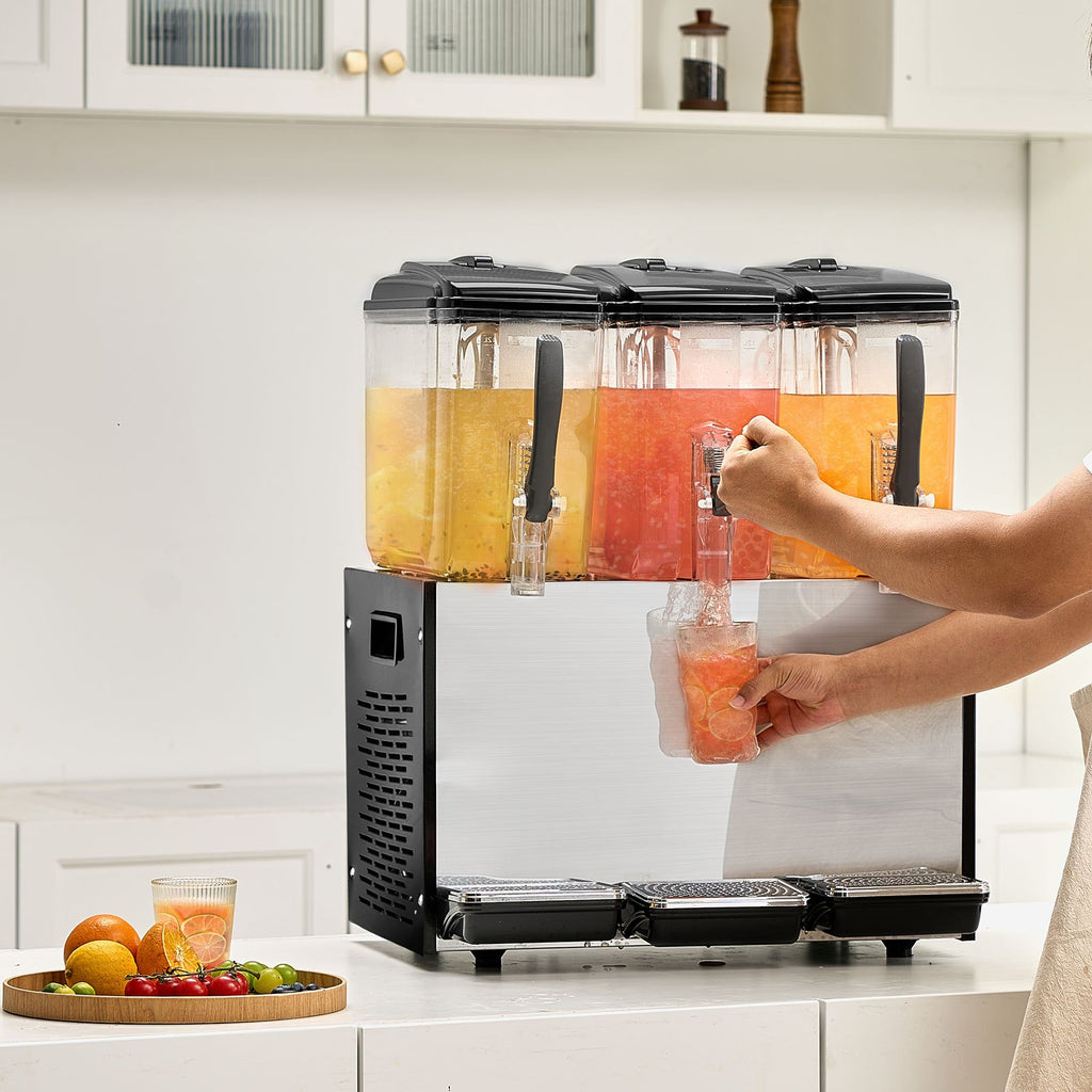 Commercial Beverage Dispenser, 3 Tanks 12 L Per Tank Juice Dispenser, 370W Stainless Steel Ice Tea Drink Machine with 7℃-12℃ Cooling Temperature, for Cold Drink Restaurant Bar Party