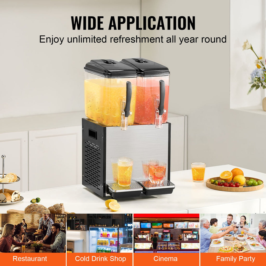 Commercial Beverage Dispenser, 2 Tanks 12 L Per Tank Juice Dispenser, 286W Stainless Steel Ice Tea Drink Machine with 7℃-12℃ Cooling Temperature, for Cold Drink Restaurant Bar Party