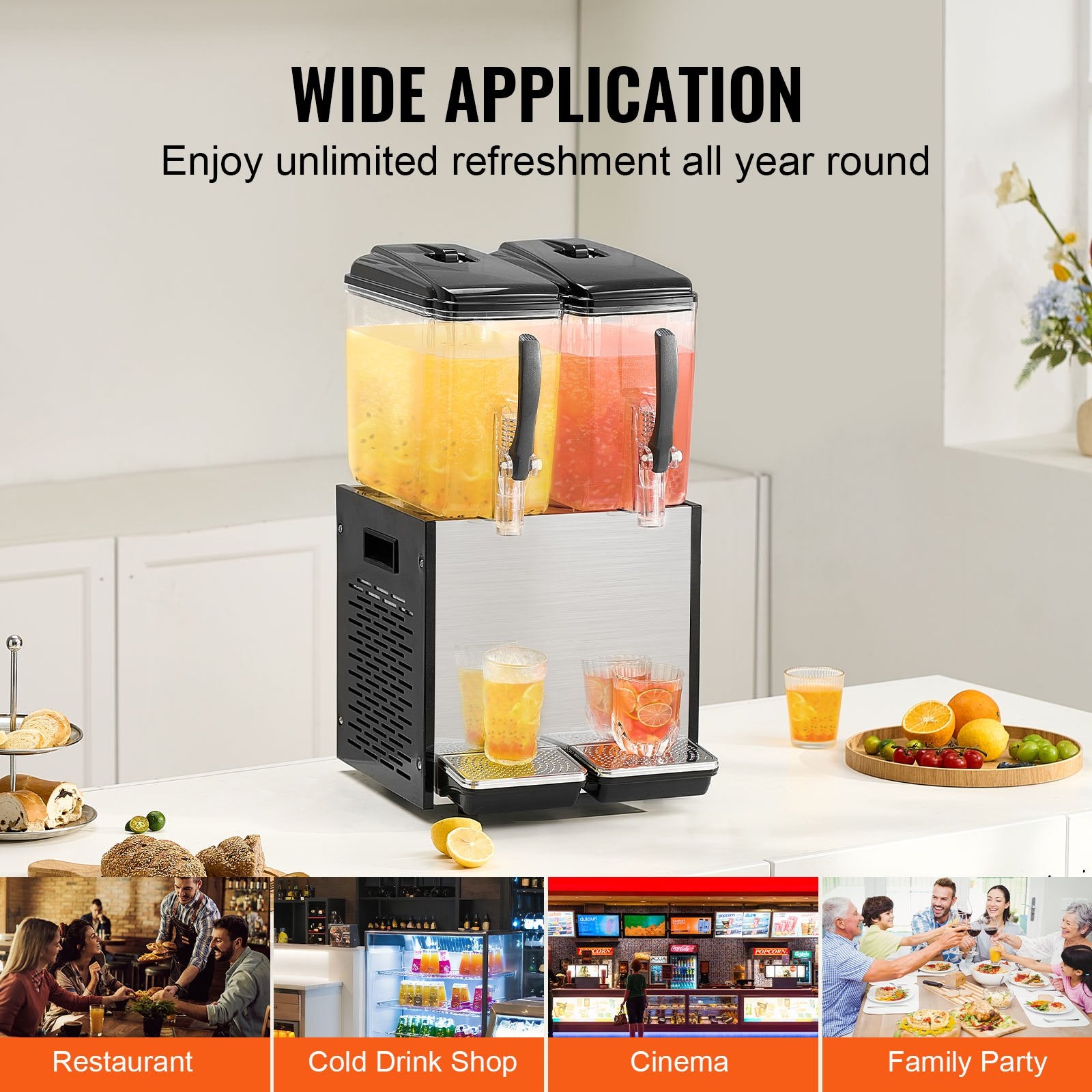 Commercial Beverage Dispenser, 2 Tanks 12 L Per Tank Juice Dispenser, 286W Stainless Steel Ice Tea Drink Machine with 7℃-12℃ Cooling Temperature, for Cold Drink Restaurant Bar Party