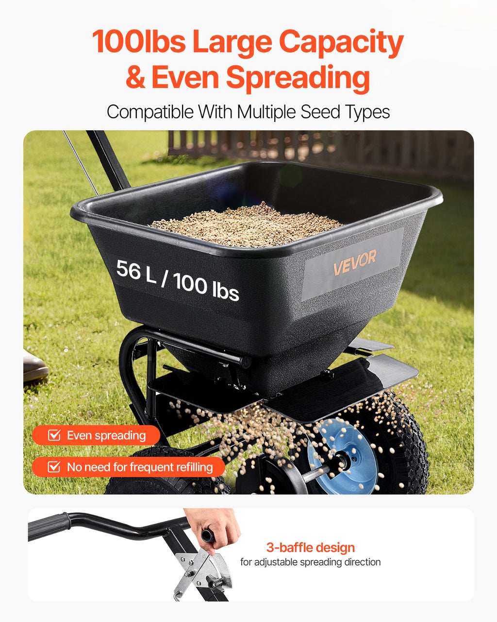 Lawn Spreader, 100LBS Capacity, Walk-Behind Push Spreader, 0-9.8ft Spreading Width, 13 in All Terrain Pneumatic Tires, Fertilizer Spreaders with Hopper Grate, for Seed Salt Ice Melt
