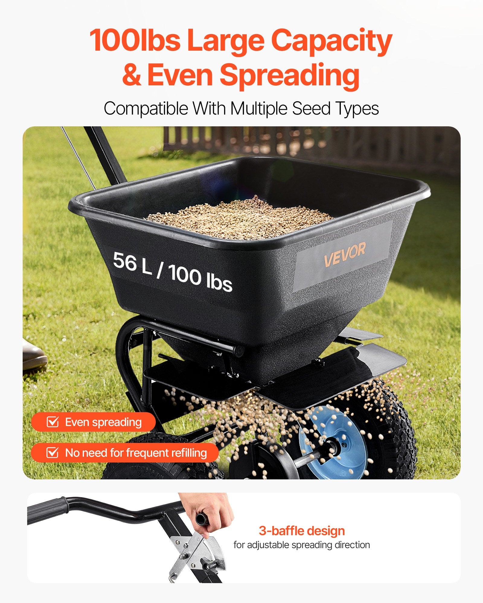 Lawn Spreader, 100LBS Capacity, Walk-Behind Push Spreader, 0-9.8ft Spreading Width, 13 in All Terrain Pneumatic Tires, Fertilizer Spreaders with Hopper Grate, for Seed Salt Ice Melt