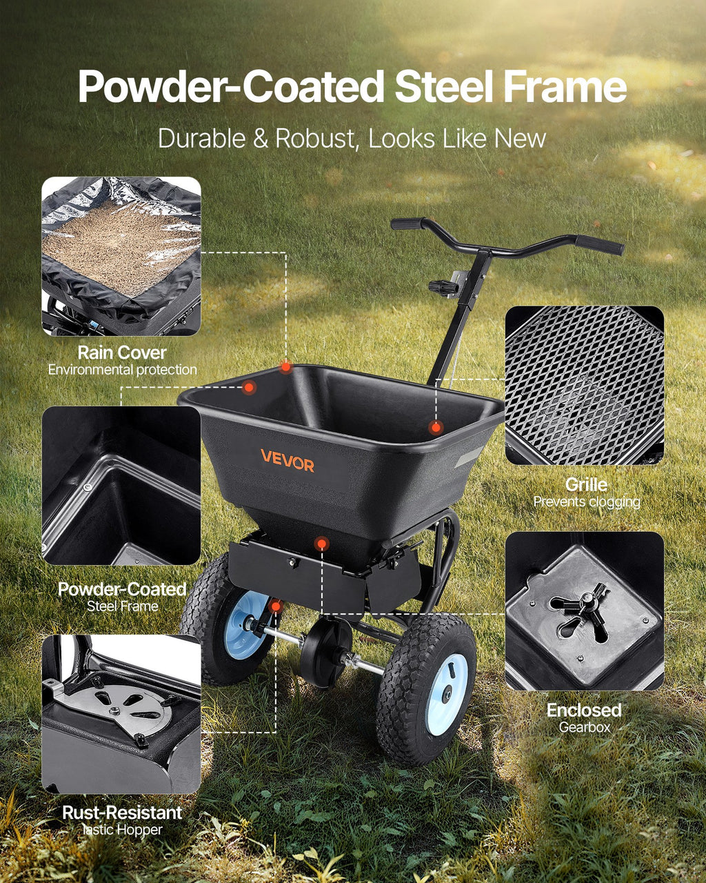 Lawn Spreader, 100LBS Capacity, Walk-Behind Push Spreader, 0-9.8ft Spreading Width, 13 in All Terrain Pneumatic Tires, Fertilizer Spreaders with Hopper Grate, for Seed Salt Ice Melt