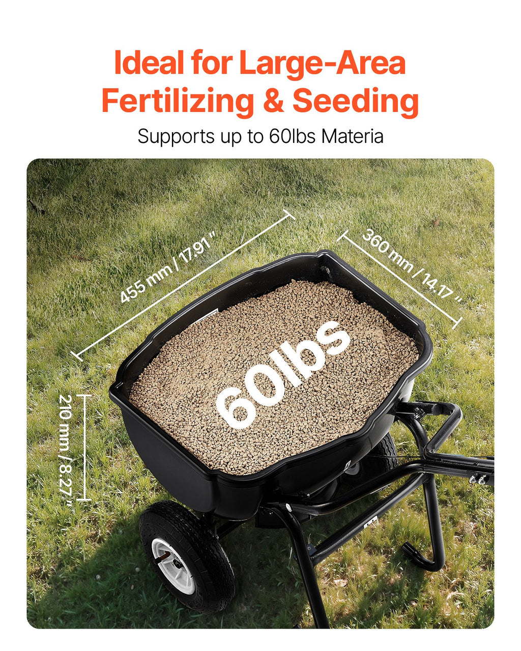 Walk Behind Spreader, 60LBS Capacity, Push Spreader with Hopper Grate, 0-9.8 ft Spreading Width, 8 in All Terrain Pneumatic Tires, Garden & Lawn Broadcast Spreaders, for Seed, Fertilizer