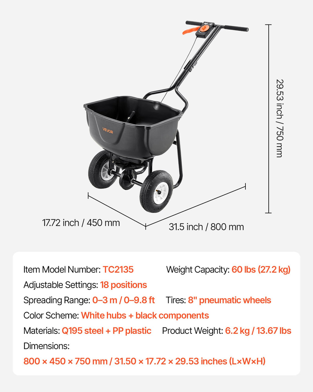 Walk Behind Spreader, 60LBS Capacity, Push Spreader with Hopper Grate, 0-9.8 ft Spreading Width, 8 in All Terrain Pneumatic Tires, Garden & Lawn Broadcast Spreaders, for Seed, Fertilizer