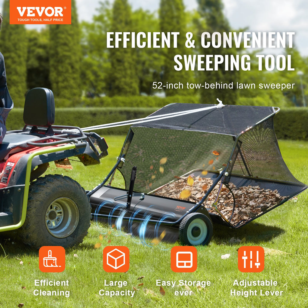Tow-Behind Lawn Sweeper 132cm Leaf Yard Collector 26 cu.ft. Adjustable