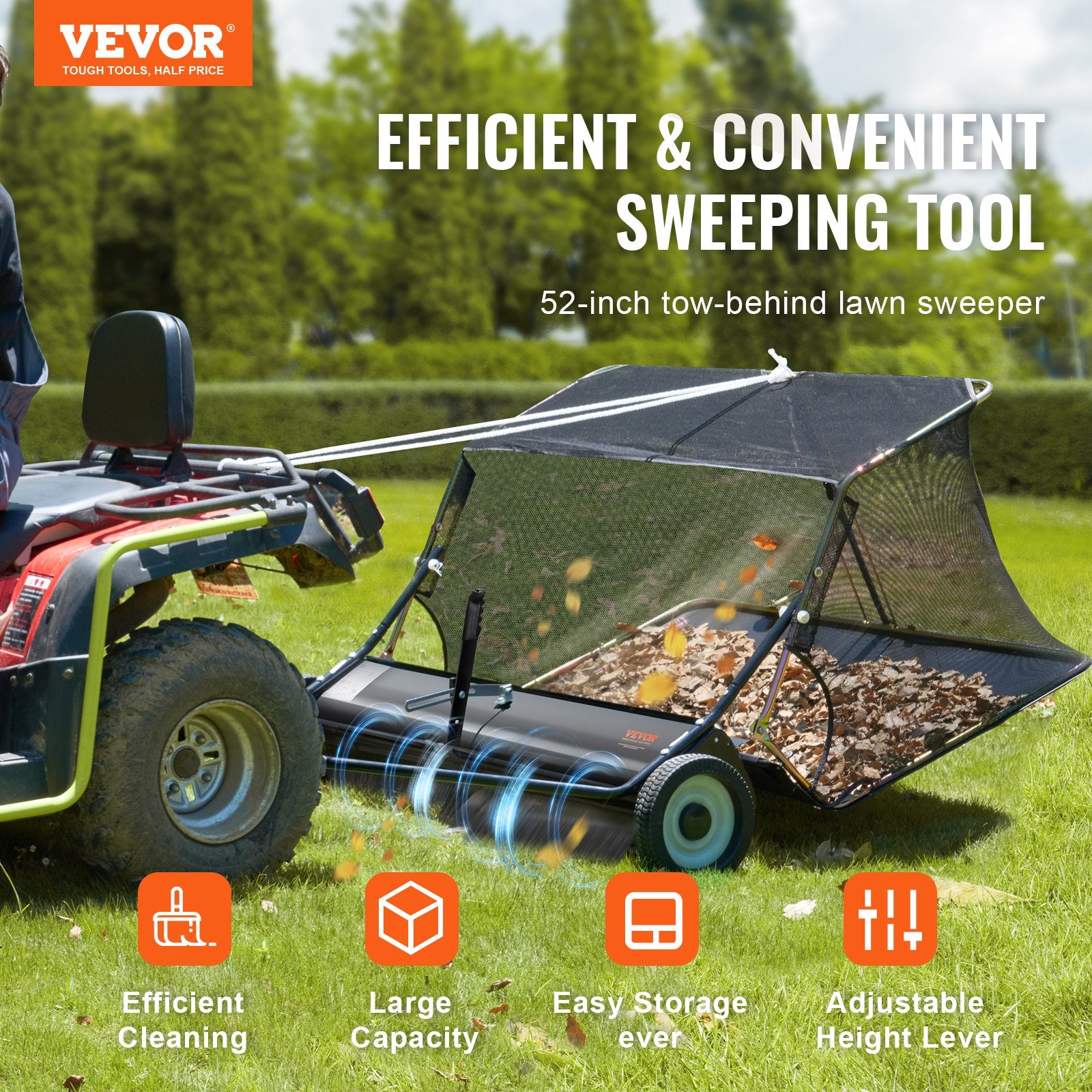 Tow-Behind Lawn Sweeper 132cm Leaf Yard Collector 26 cu.ft. Adjustable