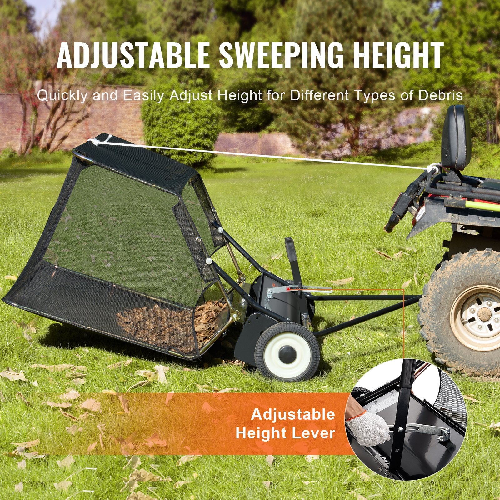 Tow-Behind Lawn Sweeper 132cm Leaf Yard Collector 26 cu.ft. Adjustable